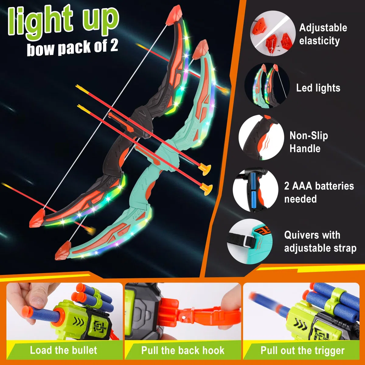 Set da 2 Archi e frecce per Bambini con luci a LED, Giocattolo Luminoso per tiro con L'Arco per Bambini, Giocattolo per Interni ed Esterni per età 3-12, Regalo per Ragazzi e Ragazze