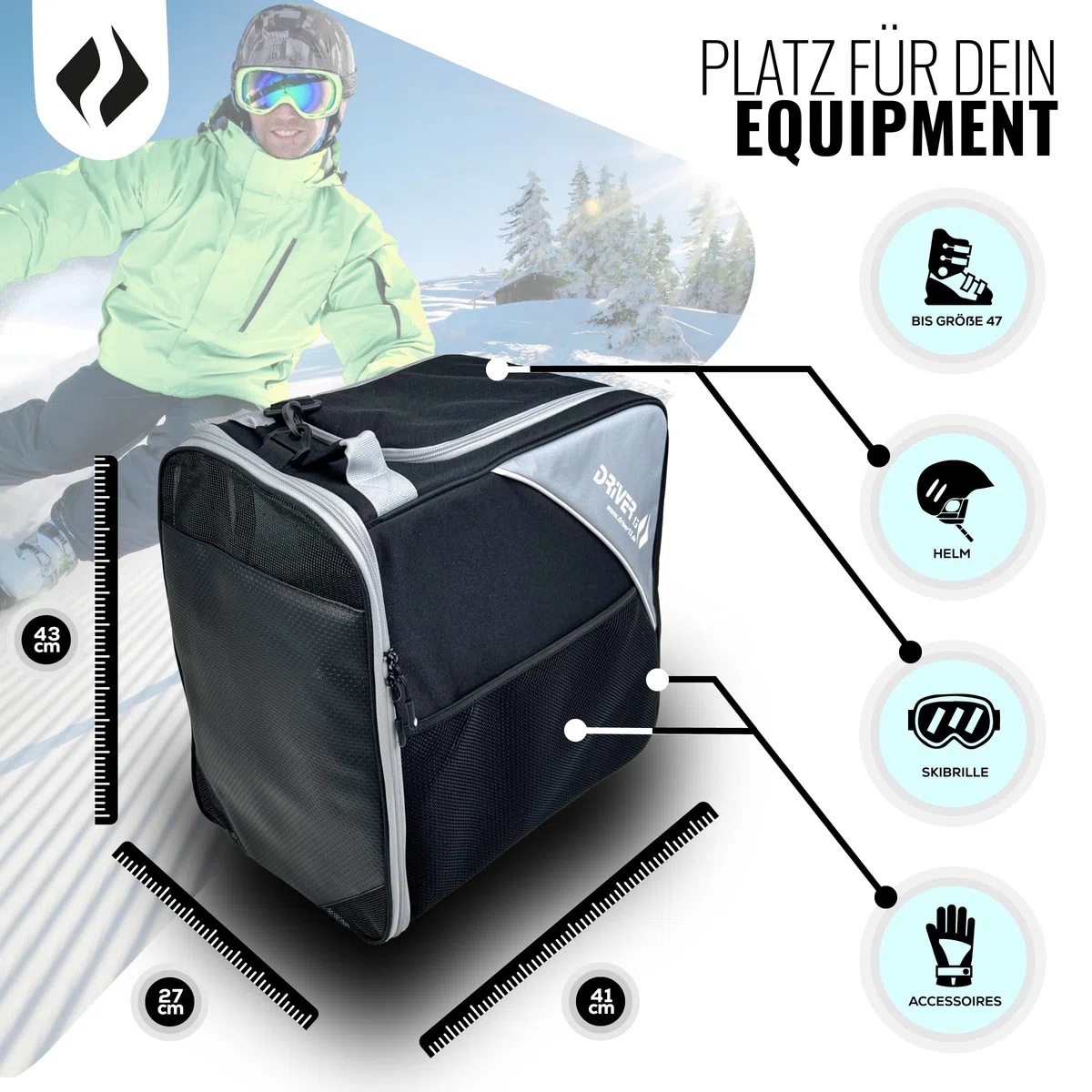 Driver13 borsa per scarponi/scarpe da sci con scomparto casco (bootbag) per scarpe da sci e boots snowboard (nero/grigio)