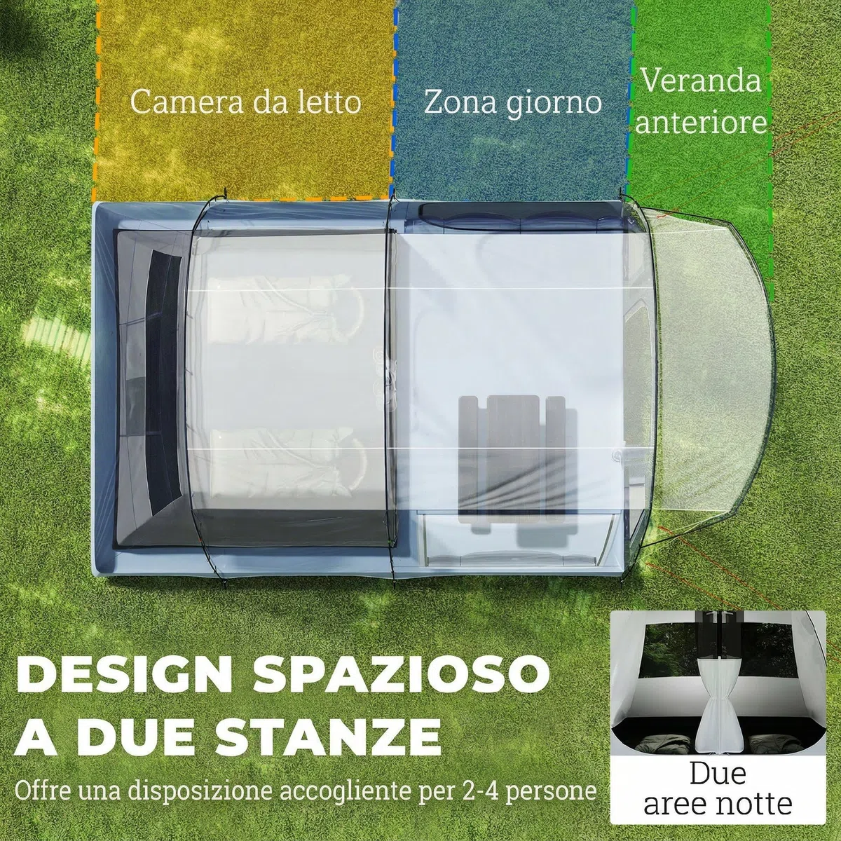 Outsunny Tenda Campeggio a Tunnel per 2-4 Persone Alta 213cm con 2 Stanze, Tenda da Campeggio Familiare Impermeabile 3000mm Veranda, Finestre, Tasche, Gancio, Borsa Trasporto per Trekking, Blu Navy