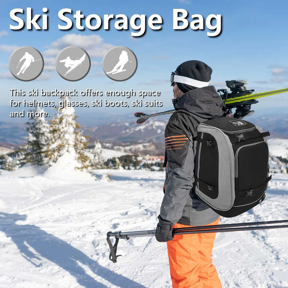 Borse Da Sci, 65L Set Di Borsa Sportiva Per Scarponi Da Sci Borsa Per Scarpe Unisex-Adulto Nero Zaino Da Sci Alpinismo Utilizzabile Per Snowboard Scarponi Da Sci Pattini Da Ghiaccio Casco Guanti