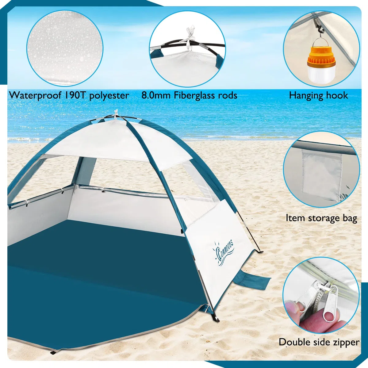 COMMOUDS Tenda da Spiaggia Per 3-4 Persone, Portatile UPF 50+, Leggera, Facile da Montare e da Trasportare. Tenda da Sole, da Campeggio, Pesca, Esterno