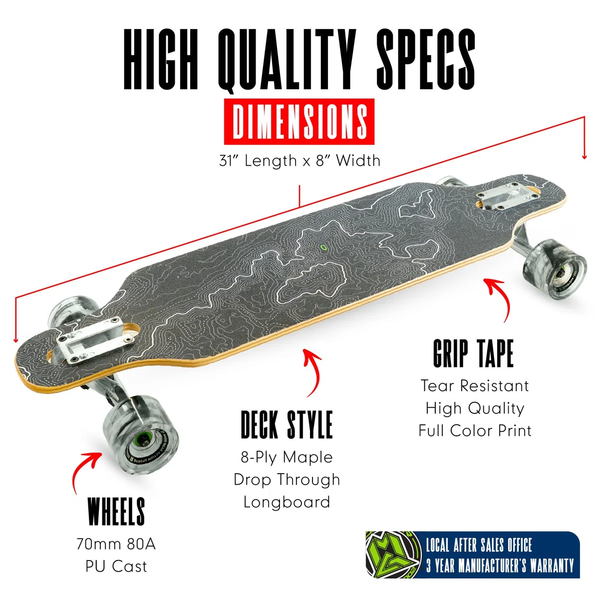 Skateboard Cruiser per adulti e ragazzi, tavola leggera in acero da 78,7 cm, ruote lisce da 70 mm, longboard Madd Gear