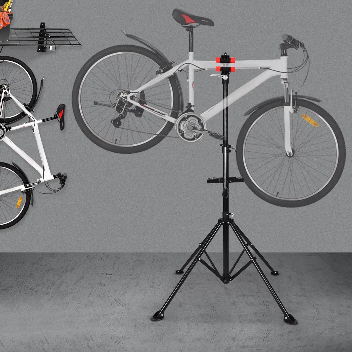 Supporto per montaggio per bicicletta, pieghevole, regolabile in altezza, set di riparazione con ripiano per attrezzi, asta di bilanciamento (nero + rosso)