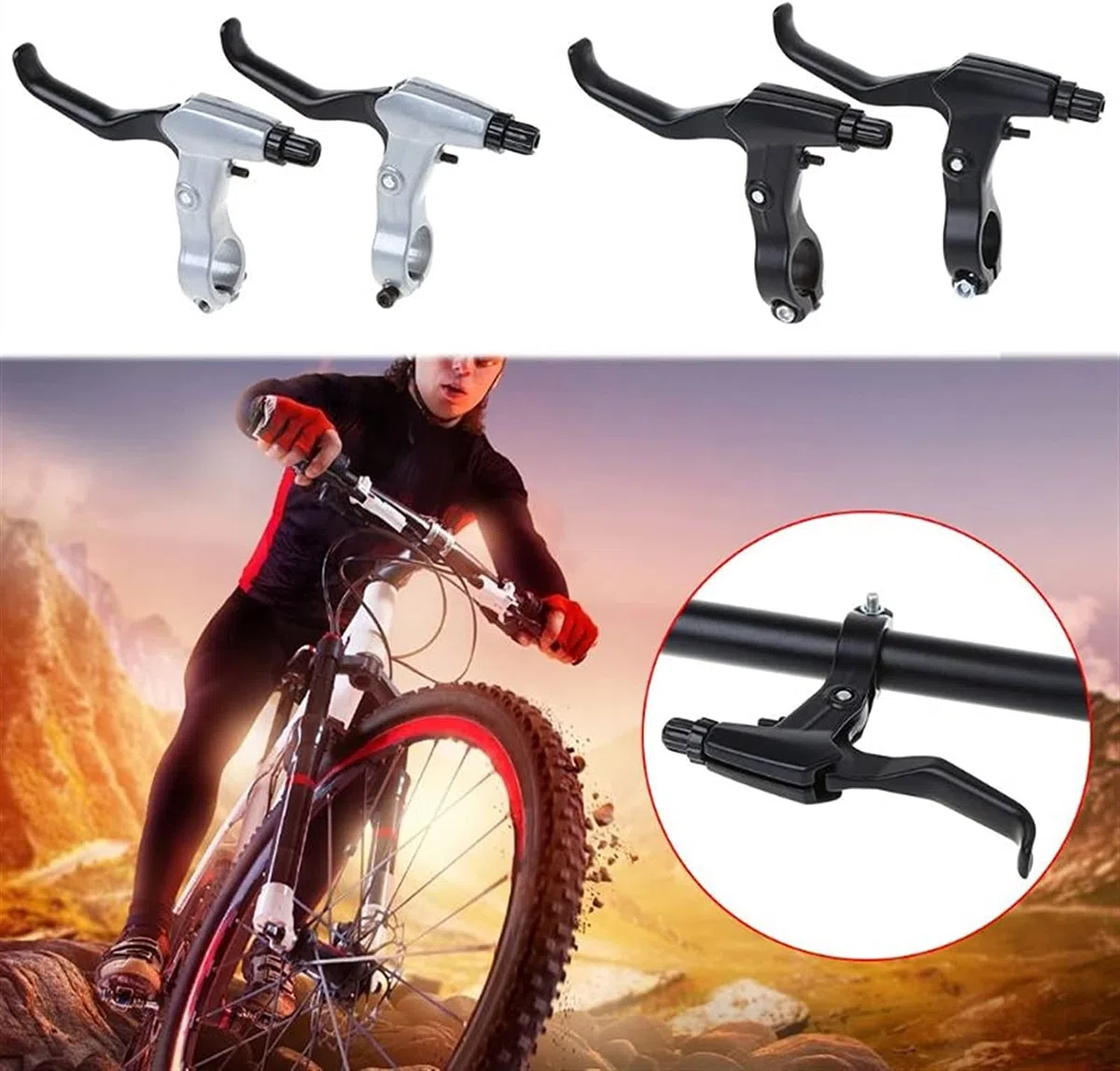 Lega di alluminio MTB Road Bike Leve freno bici fisse 2 pezzi Leva freno bicicletta Cambio Manovella ciclismo Leva freno bicicletta Leve cambio (Colore : Nero) (Nero)
