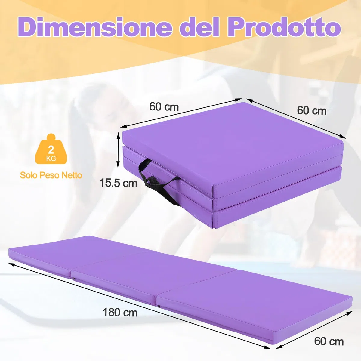 GYMAX Tappetino da Yoga, 180 x 60 x 5 cm, Materassino per Ginnastica 3 Segmenti, Pieghevole e Portatile con Manico