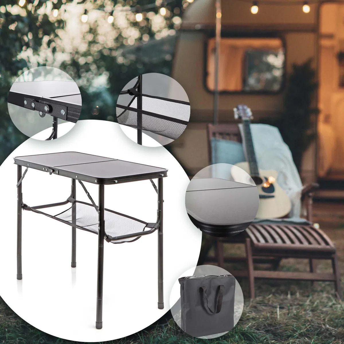 Wiltec Tavolo da campeggio portatile in alluminio 80x40cm regolabile in altezza 70/56/44/33cm nero