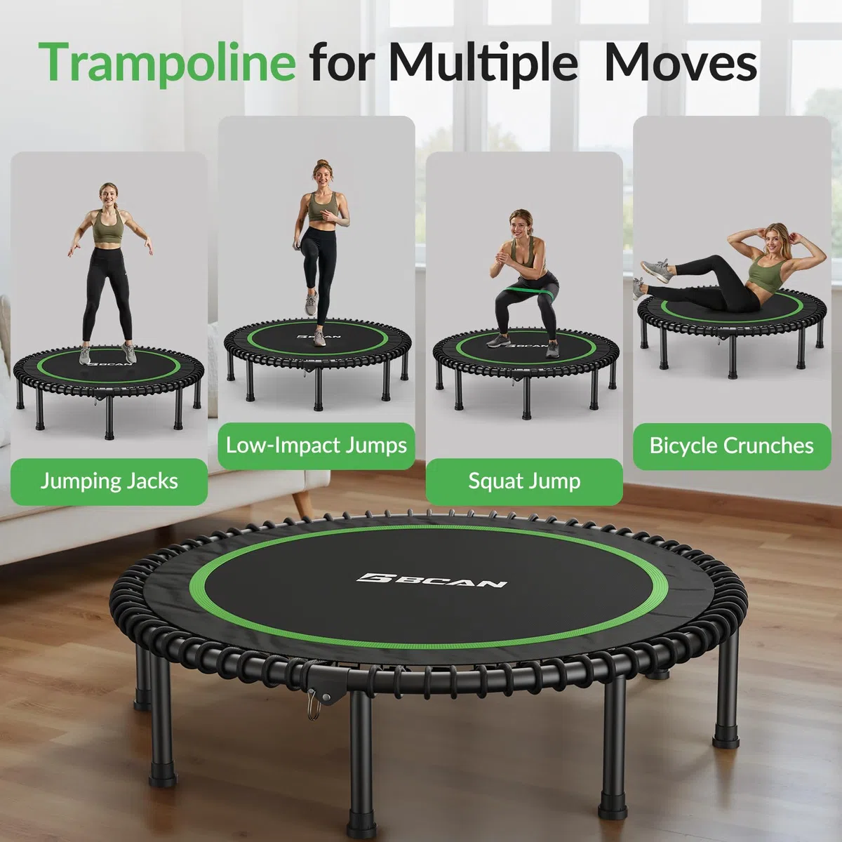 BCAN Mini trampolino pieghevole da 204/250 kg, 102/122 cm, per adulti con robuste corde in gomma, dispositivo di allenamento stabile e silenzioso, ideale per allenamento indoor/giardino