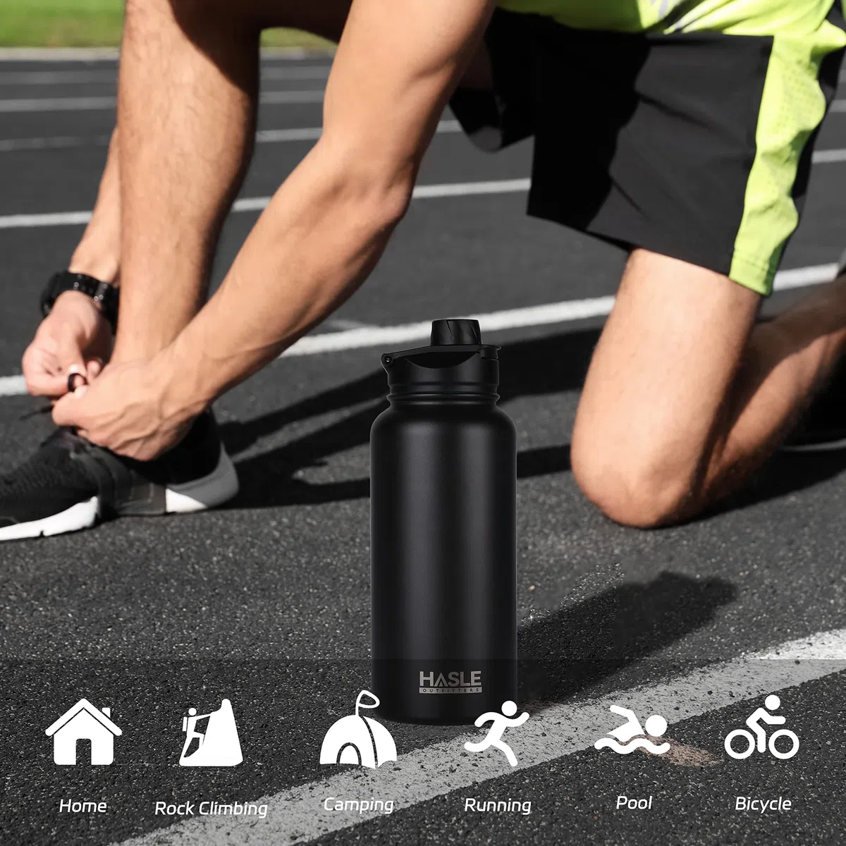 HASLE OUTFITTERS Borraccia termica in acciaio inox, a doppia parete, per sport, con 2 coperchi (cannuccia e beccuccio), per palestra, campeggio, escursionismo, 907,2 g (nero, 1)