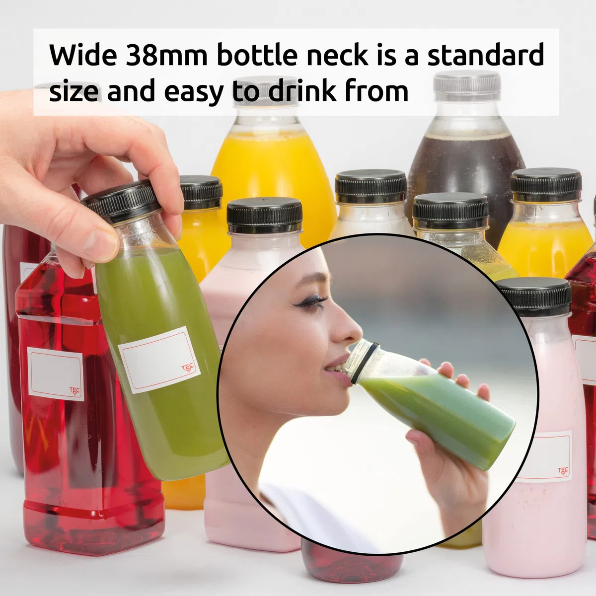 TEC Bottiglie di succo con coperchio, 250 ml, realizzate nel Regno Unito, 30% plastica PET riciclata, piccole, trasparenti, rotonde, anti-manomissione, mini drink (75)