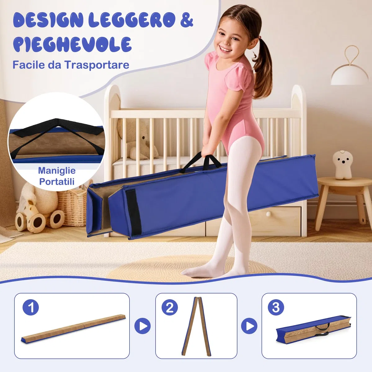 COSTWAY Trave da Ginnastica per Bambini Pieghevole 240 cm, Trave di Equilibrio Portatile conSuperficie in Pelle Scamosciata e Schiuma Morbida, Attrezzatura per Ginnastica a Casa