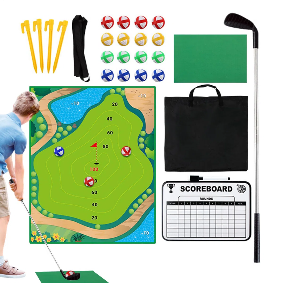 Chipping Game, Kids Sticky Golf Set, 120x150cm Large Play Mat, Reusable Practice Equipment, Putting Green Trainer with Casual Style, Game Set for Beginner Adults Family