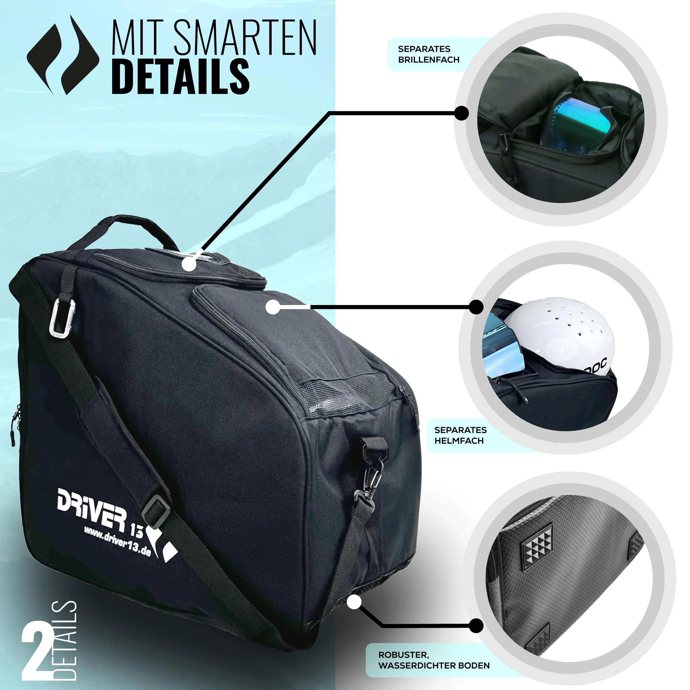 Driver13 borsa porta scarponi da sci (bootbag) con scomparto casco e scomparto maschera, per scarponi da sci e boots snowboard, tasche extra, nero