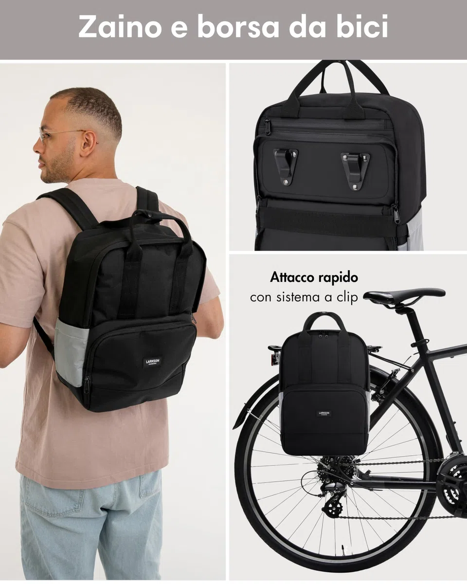 LARKSON Borsa per Bicicletta Nero Riflettente - No 6 Bike - 2 in 1 Borse Posteriori Bici Zaino Scomparto per Laptop da 16 Pollici - Accessori Cestino - Impermeabile