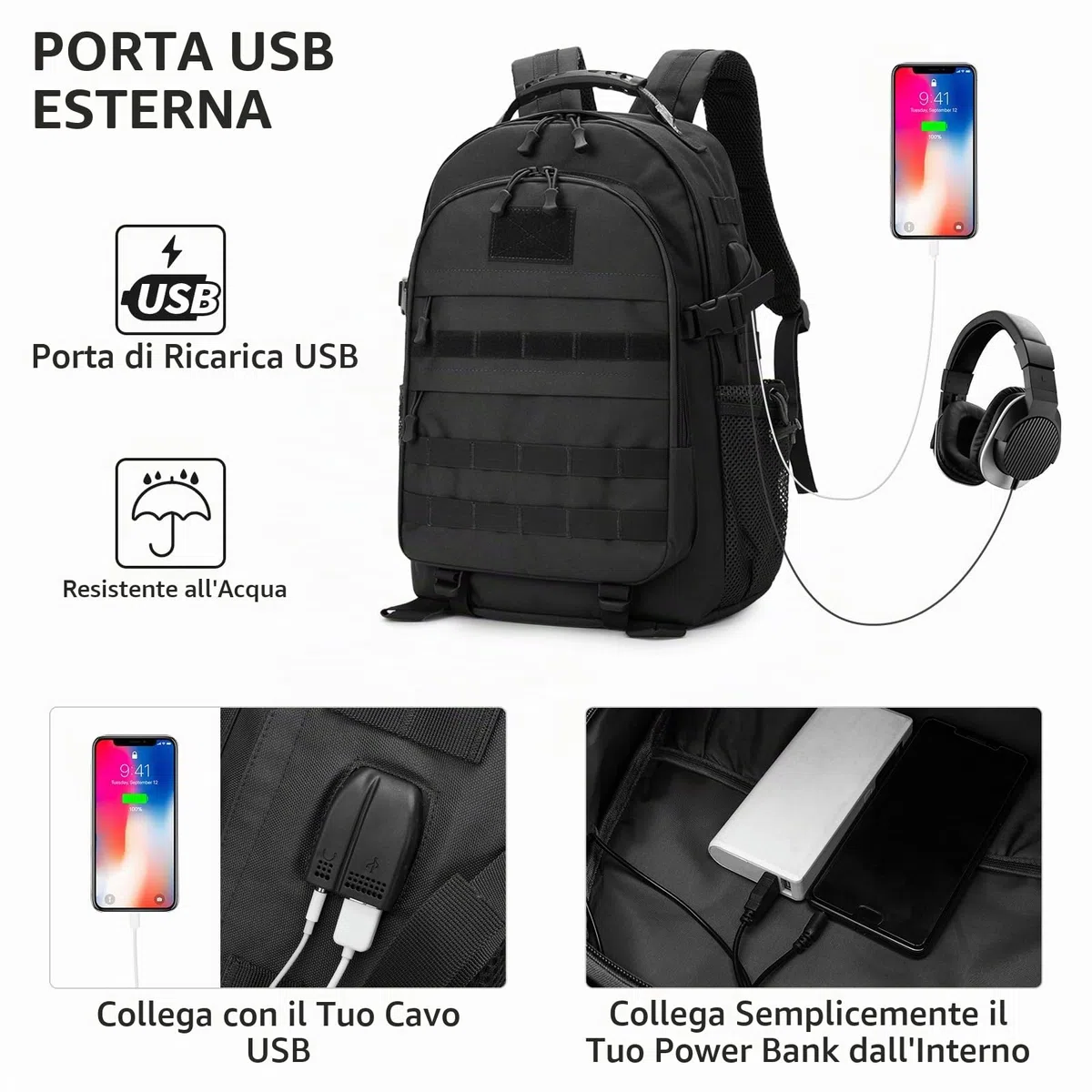 VINBAGGE 35L Zaino Tattico Militare Molle Zaino Moto Unisex Multifunzione da Assalto per Caccia Campeggio all'aperto Viaggio Escursionismo,Nero