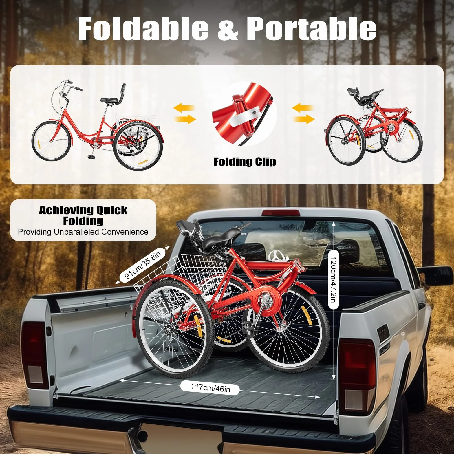 24 pollici, triciclo pieghevole, 7 marce, 3 ruote, con cestino della spesa e luce LED, bicicletta per adulti con portabottiglie e altezza regolabile