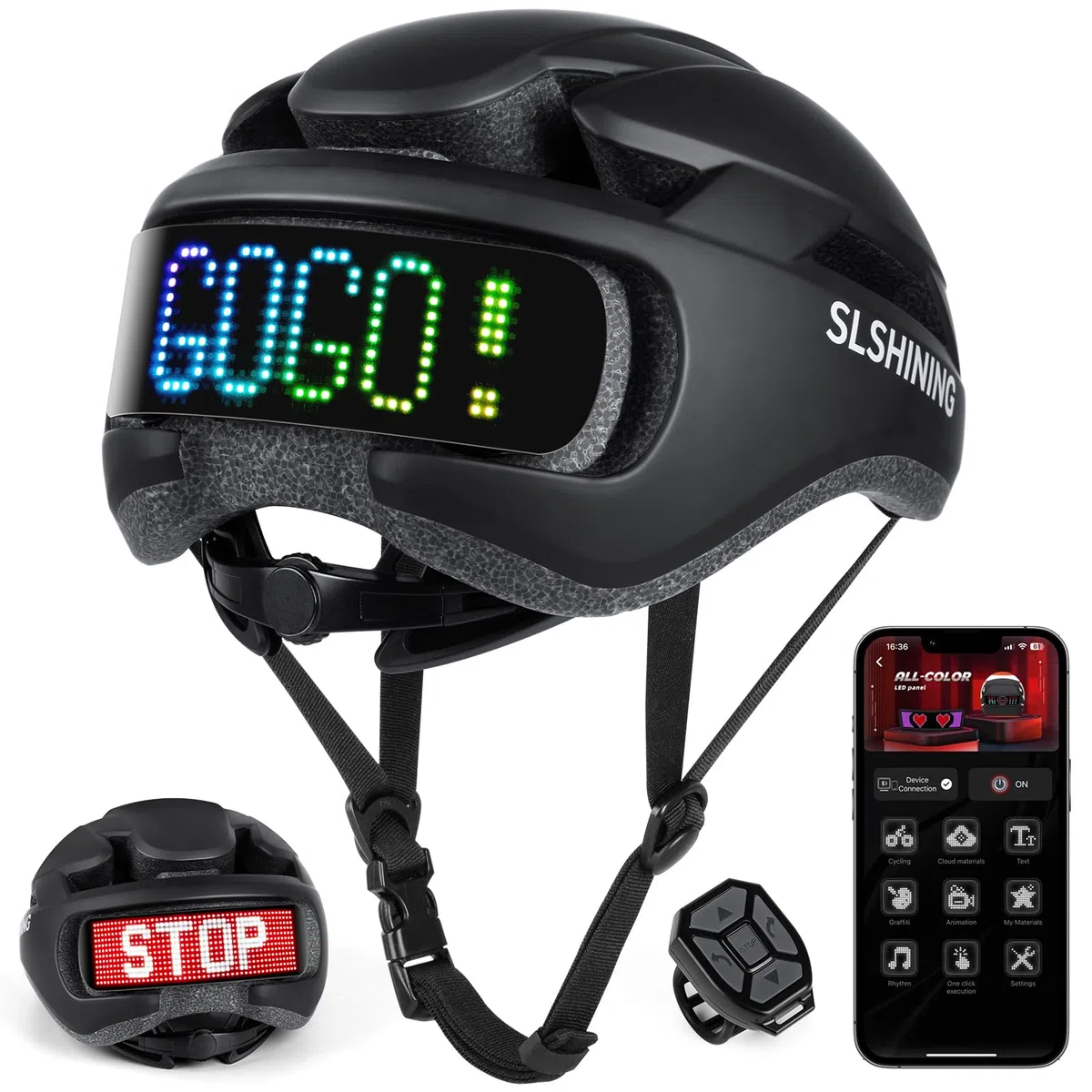 Casco LED intelligente con telecomando e app,testo e motivo fai da te personalizzabili,con luce lampeggiante,resistente,impermeabile,leggero,per uomini e donne adulti,per biciclette