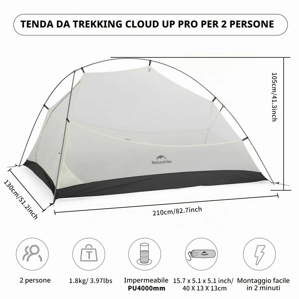 Naturehike Cloud Up Pro - Tenda da campeggio leggera per 2 persone, facile da montare, antivento e impermeabile, per attività all'aperto, viaggi, trekking (cachi/senza fluoro)