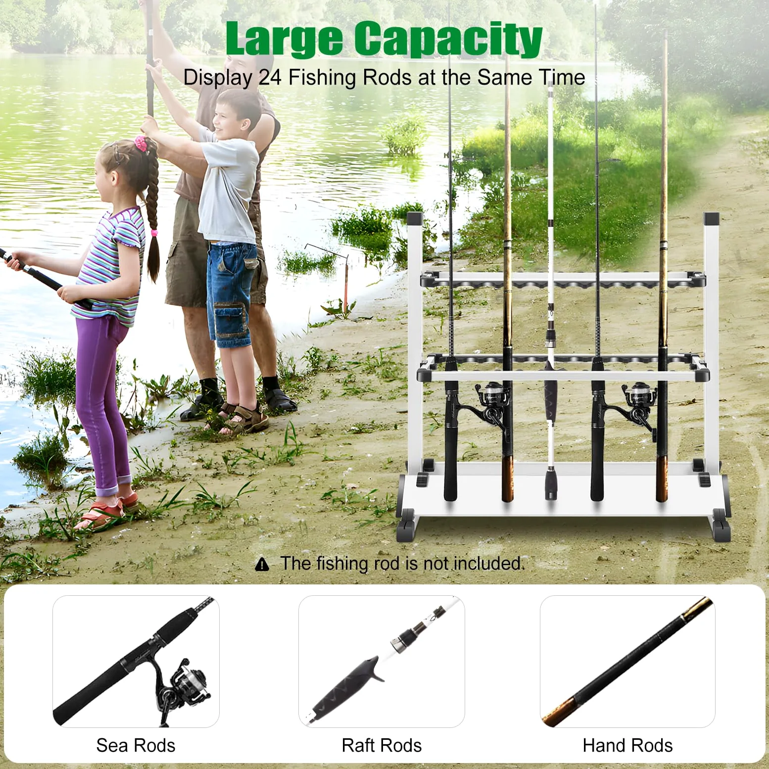 Supporto per canne da pesca, 24 canne da pesca, portatile, in lega di alluminio, per interni ed esterni, 71,5 x 31 x 71 cm