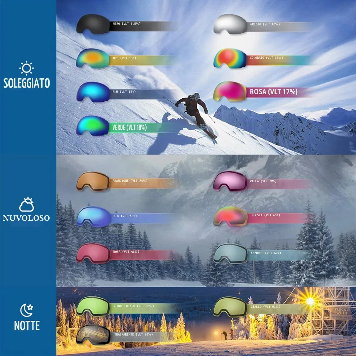 OutdoorMaster OTG - Occhiali da sci e snowboard, unisex, protezione UV 100%