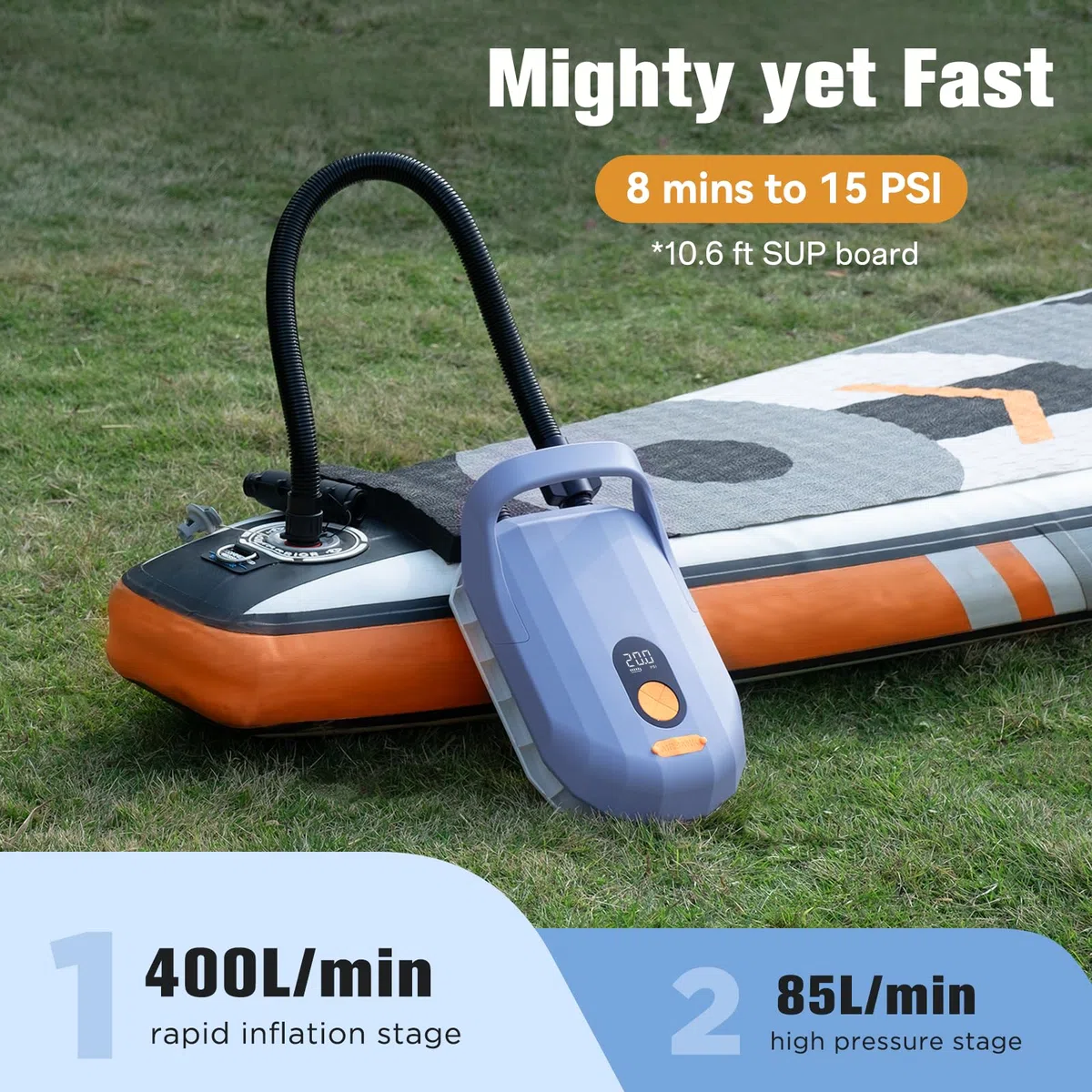 AIRBANK Pompa ad aria elettrica SUP WHALE SHARK Pro con batteria da 7800 mAh, gonfiaggio e svuotamento 20 PSI, pompa ad aria ricaricabile con per kayak, gommoni, tende (viola chiaro)