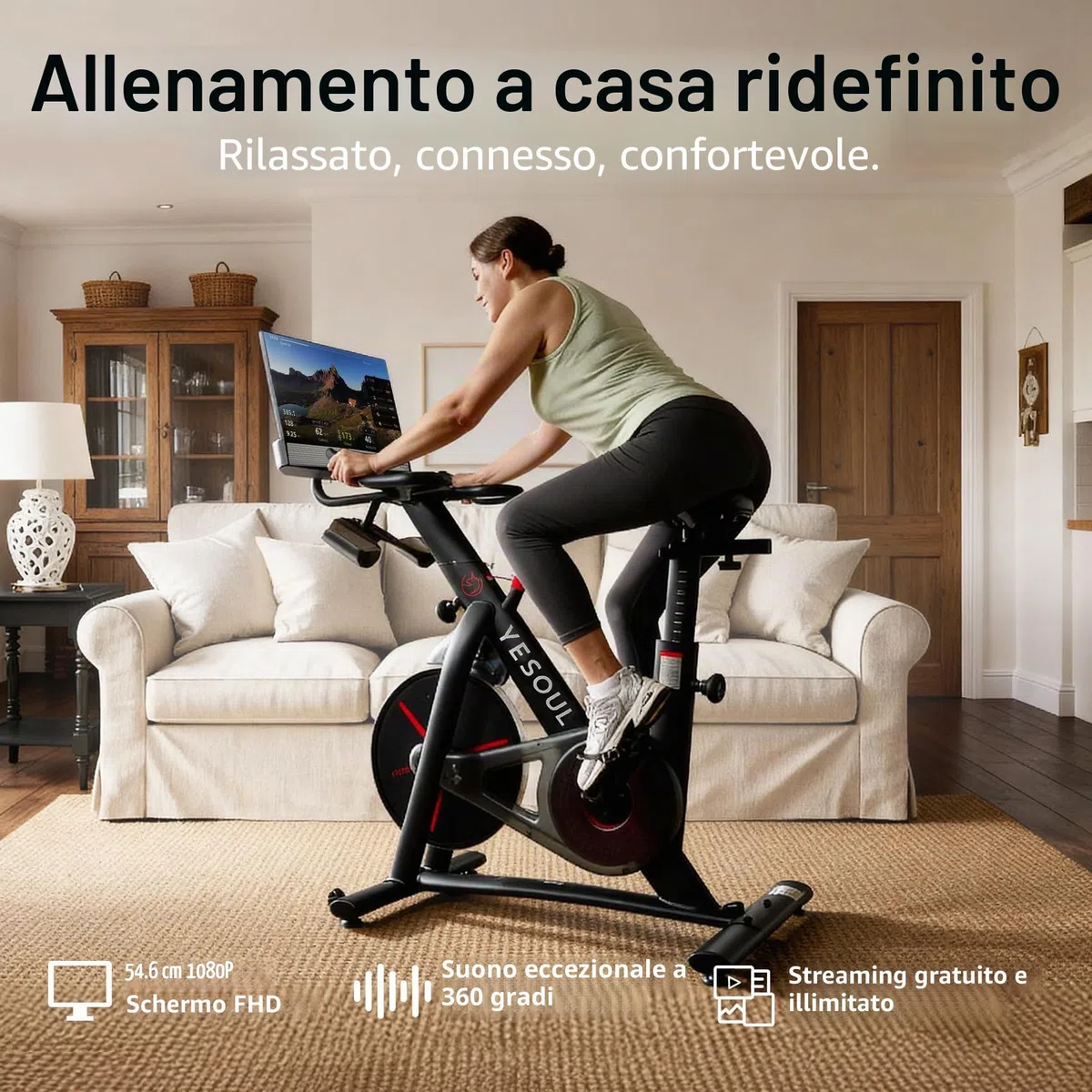 YESOUL G1M Plus Cyclette da Casa con Ergometro, Bicicletta da Fitness Silenziosa per Allenamento Cardiovascolare, Schermo FHD da 21,5", Resistenza Magnetica, Suono 360° e Funzione di Mirror Display