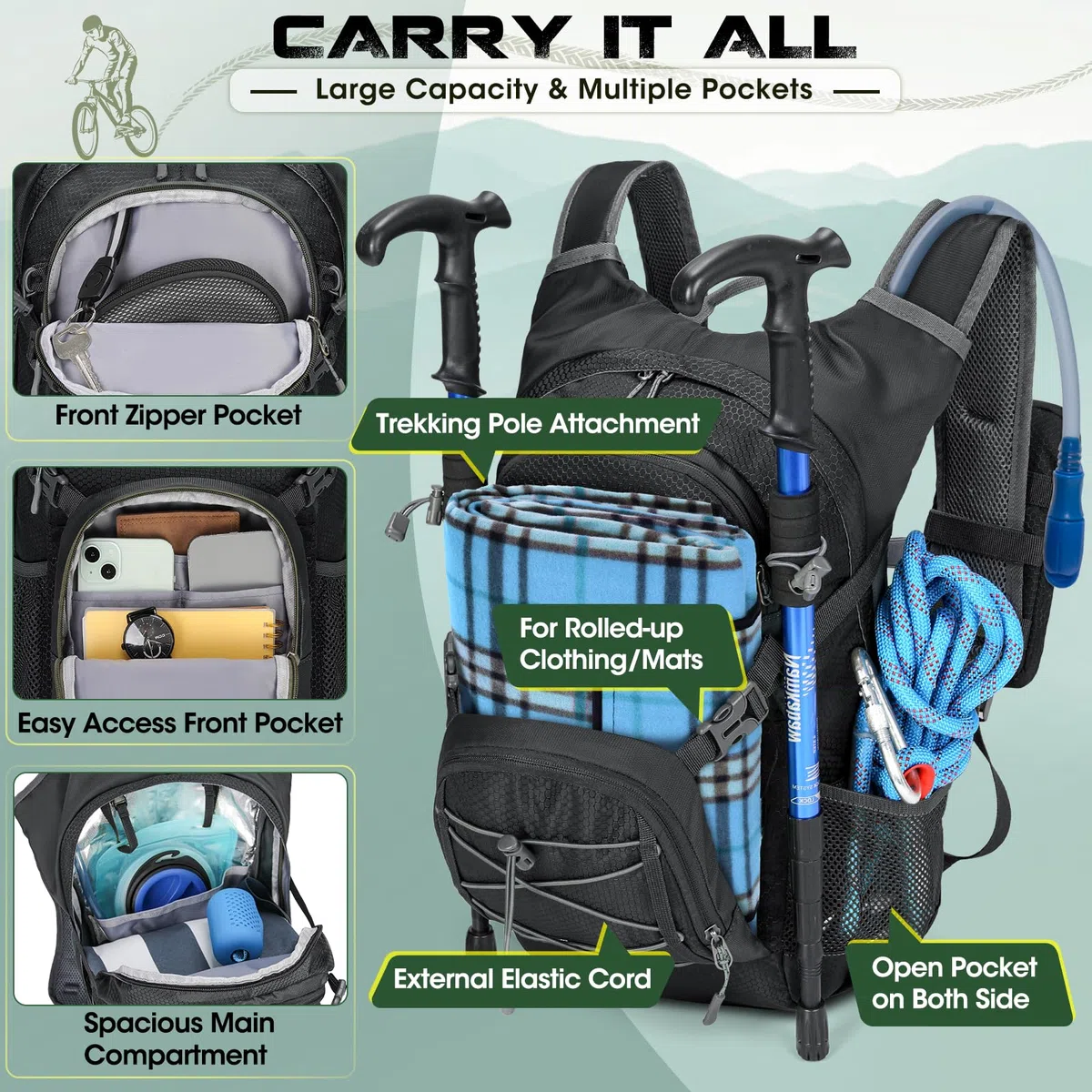 RAINSMORE Zaino Idratazione con Vescica 2L Leggero Isolato Zaino Trail Running 18L con Copertura Antipioggia Trekking Sportivo Idrico per Corsa Ciclismo Escursionismo Outdoor