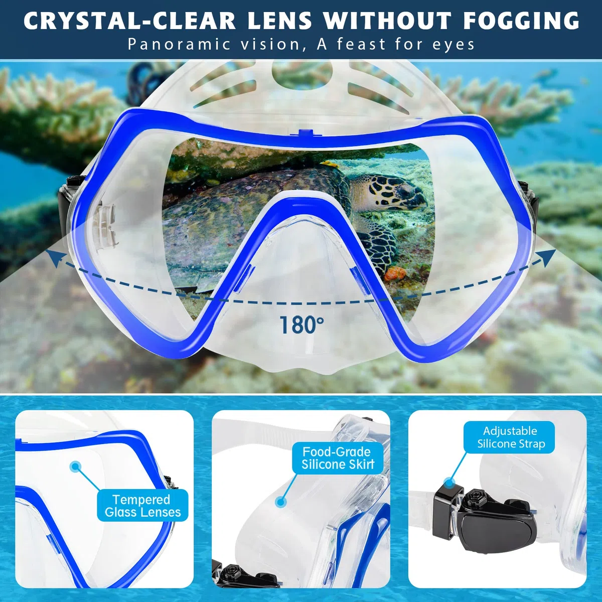 ZEEPORTE Set con maschera e boccaglio per adulti, con vista panoramica, pinna Trek, Dry Top Snorkel + borse da viaggio, boccaglio per nuoto