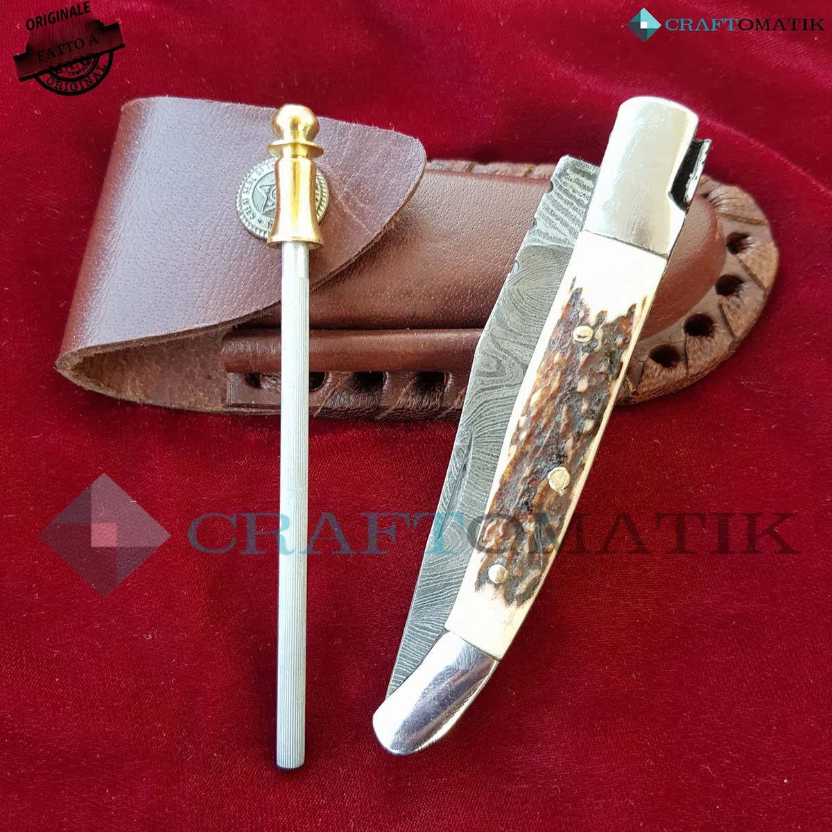 Coltello tascabile in acciaio damascato, coltello pieghevole Laguiole, corno di cervo, acciaio inox, manico in ottone, realizzato a mano, coltello damascato per esterni, FK03