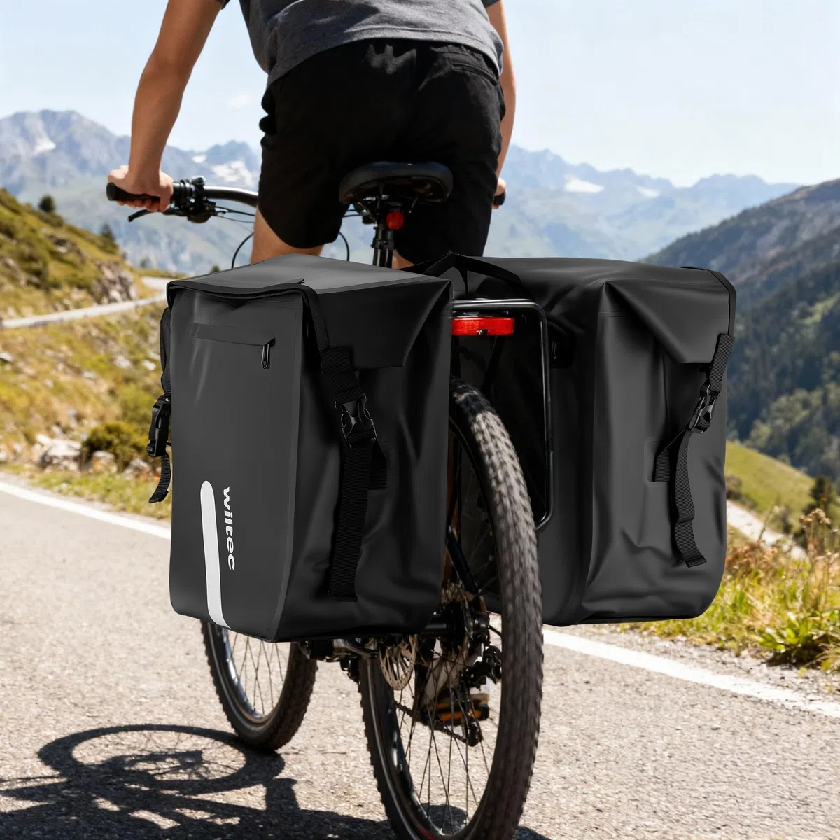 Wiltec Borsa doppia per portapacchi 37 x 16 x 51 cm, borse bici posteriori con 46 l di spazio, borse posteriori bici impermeabili, borsa da viaggio per bicicletta con tasche laterali