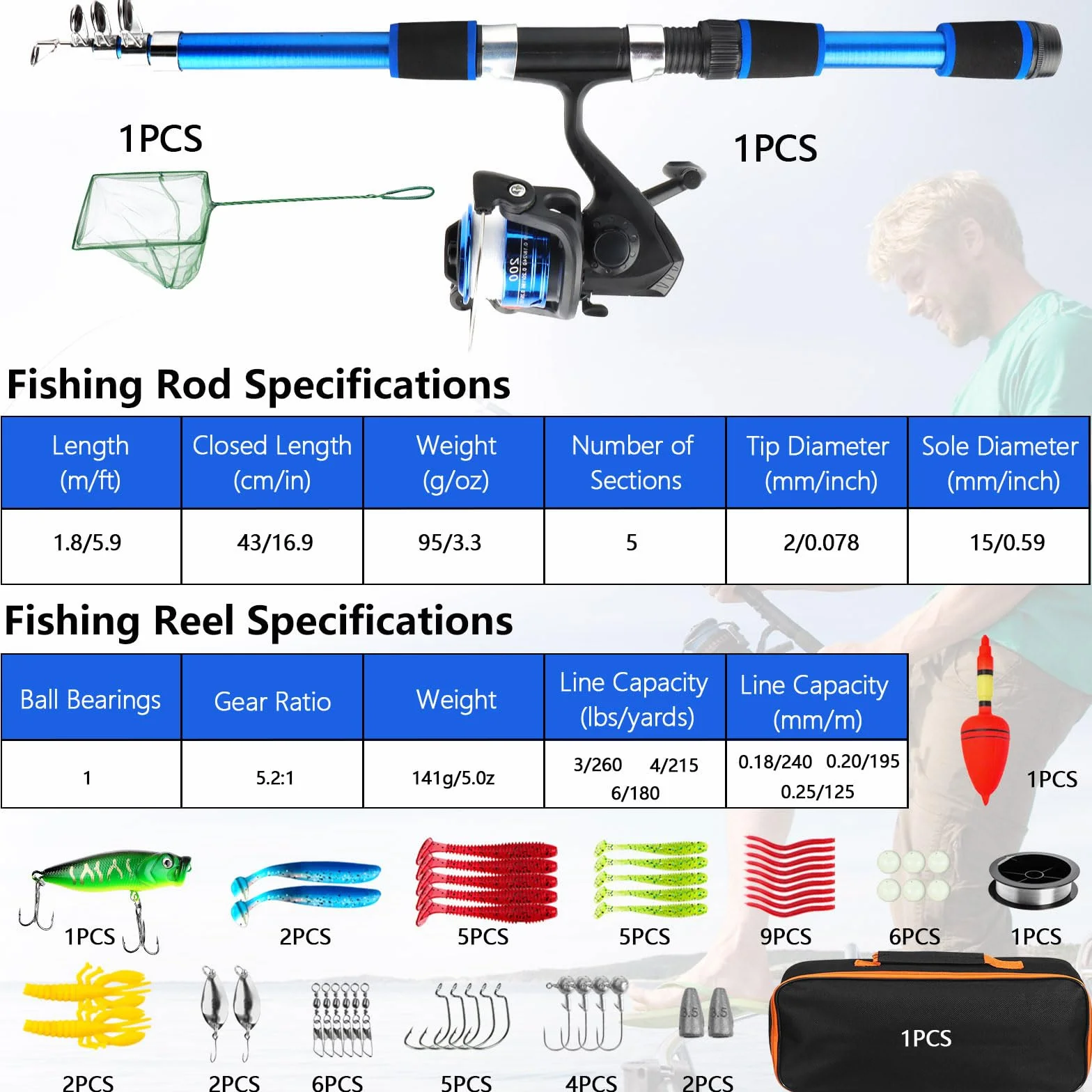 Kit Pesca Bambini 55 Pezzi Canna Telescopica 1,8m | Set Pesca Principianti con Mulinello Esche Guadino Borsa Trasporto per Bambini e Bambine da 3 Anni