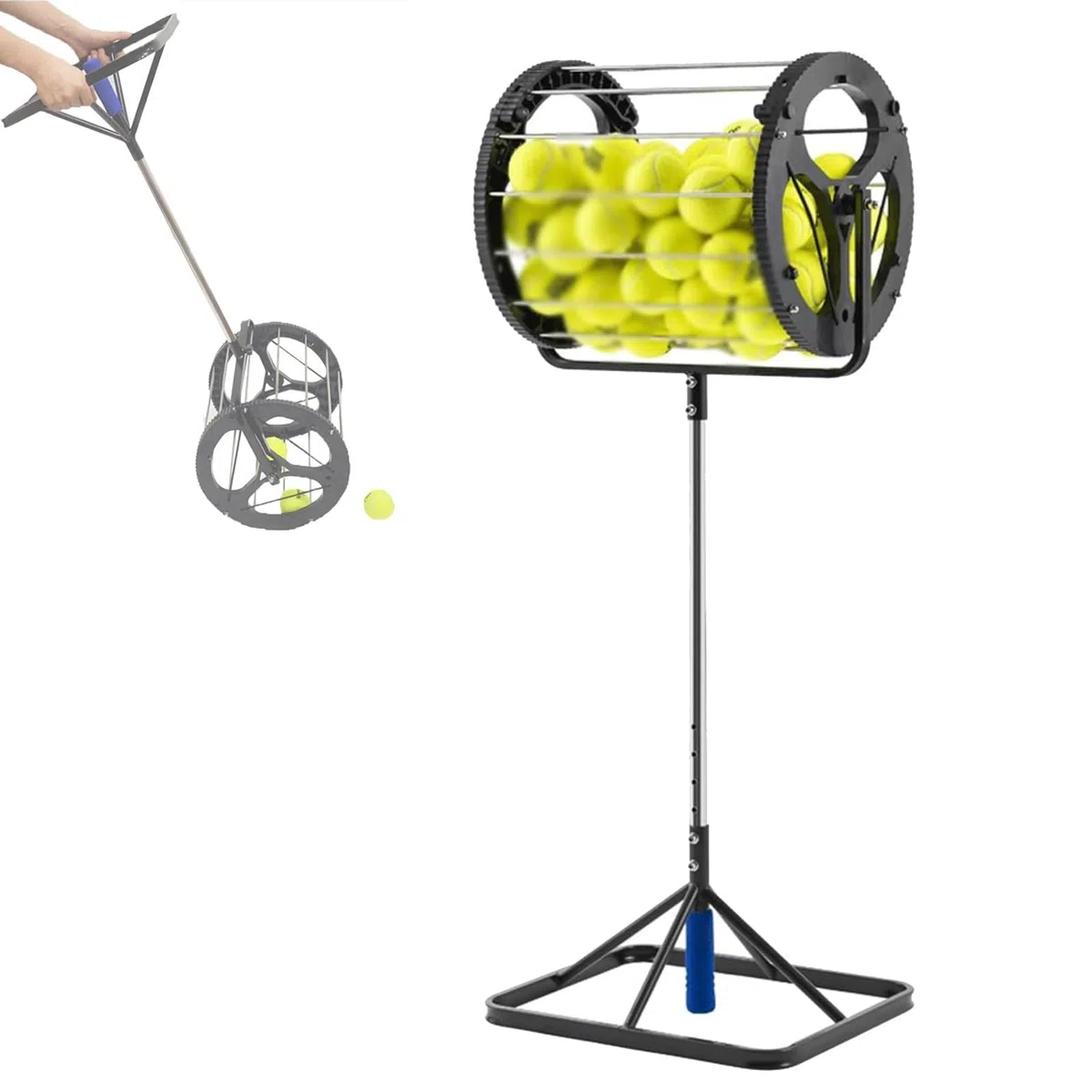 Raccoglitore per palline da tennis 2 in 1, con manico automatico, per un massimo di 80 palline, tramoggia regolabile in altezza, per raccogliere e riporre le palline
