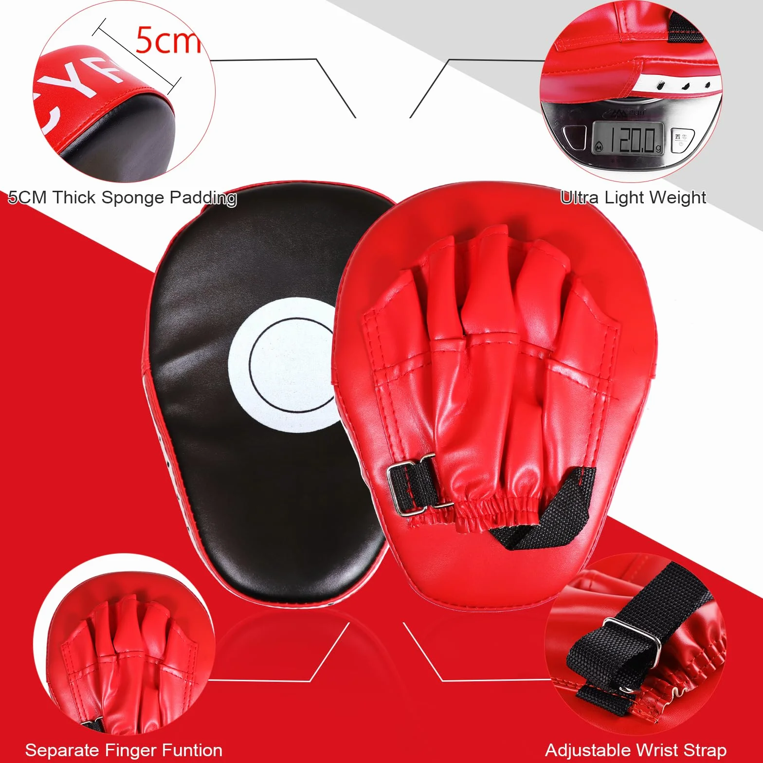 DEWEL Kit da Boxe con Un Paio di Guantoni da Boxe, Un Pad Boxe e Un Colpitori Taekwondo,per L'allenamento Boxe di Karate, MMA, Kickboxing, Karate, Muay Thai, MMA, Wushu eec (4 Pezzi,Rosso)