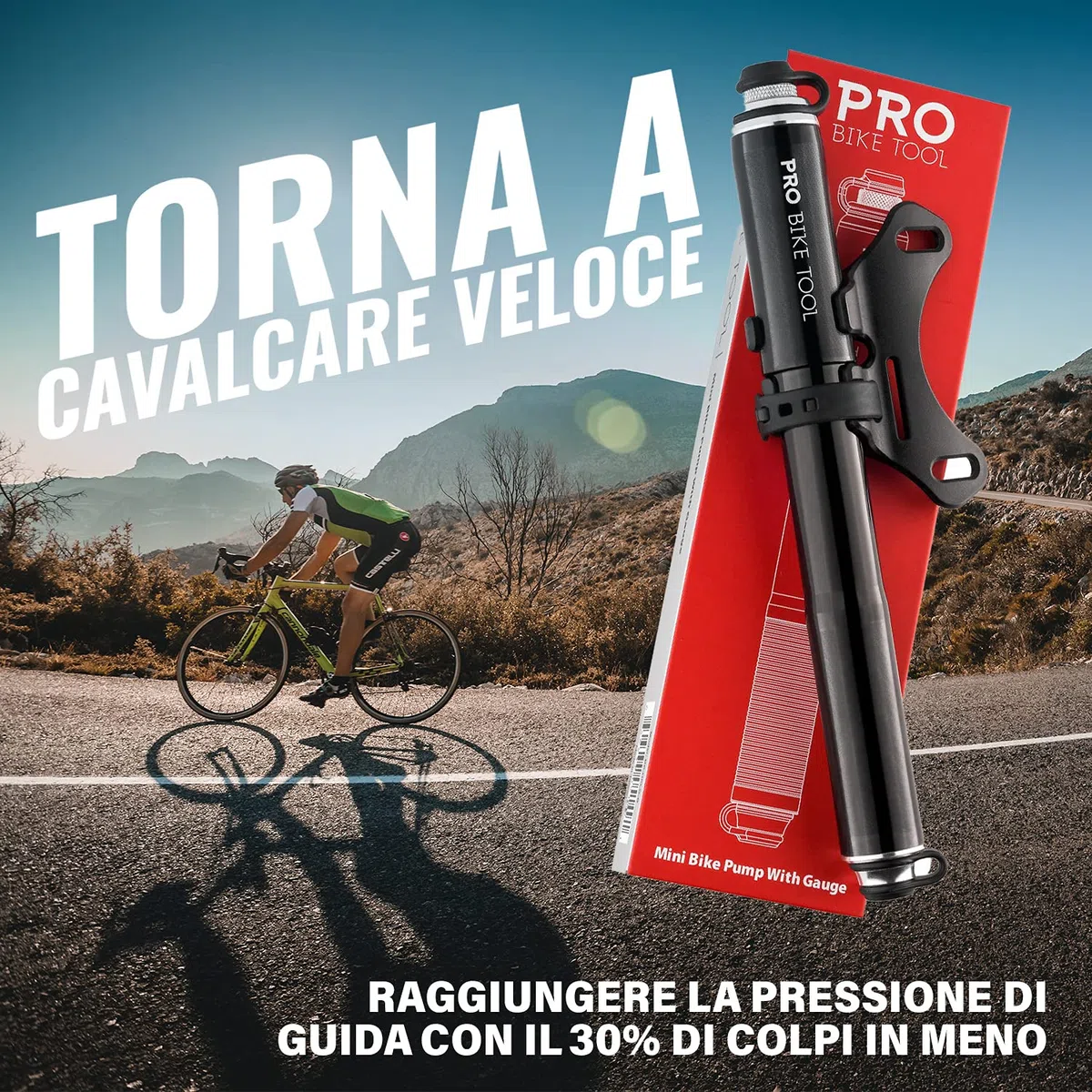 Pro-Bike Tool - Mini pompa per bici con manometro, adatta a Presta e Schrader, gonfiaggio accurato, kit di montaggio incl. - 100 PSI