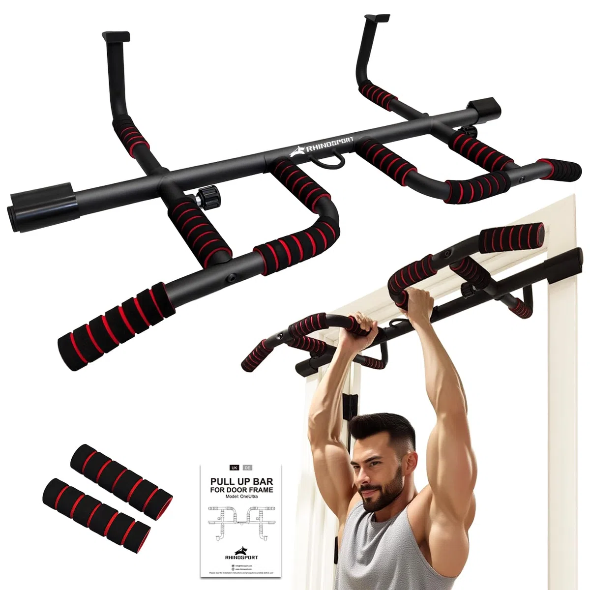 Rhinosport Barra per trazioni Multifunzione Sbarra Trazioni, Barra per Porte, Regolabile da 65 cm a 92 cm senza viti （Extra gratuito maniglie ）