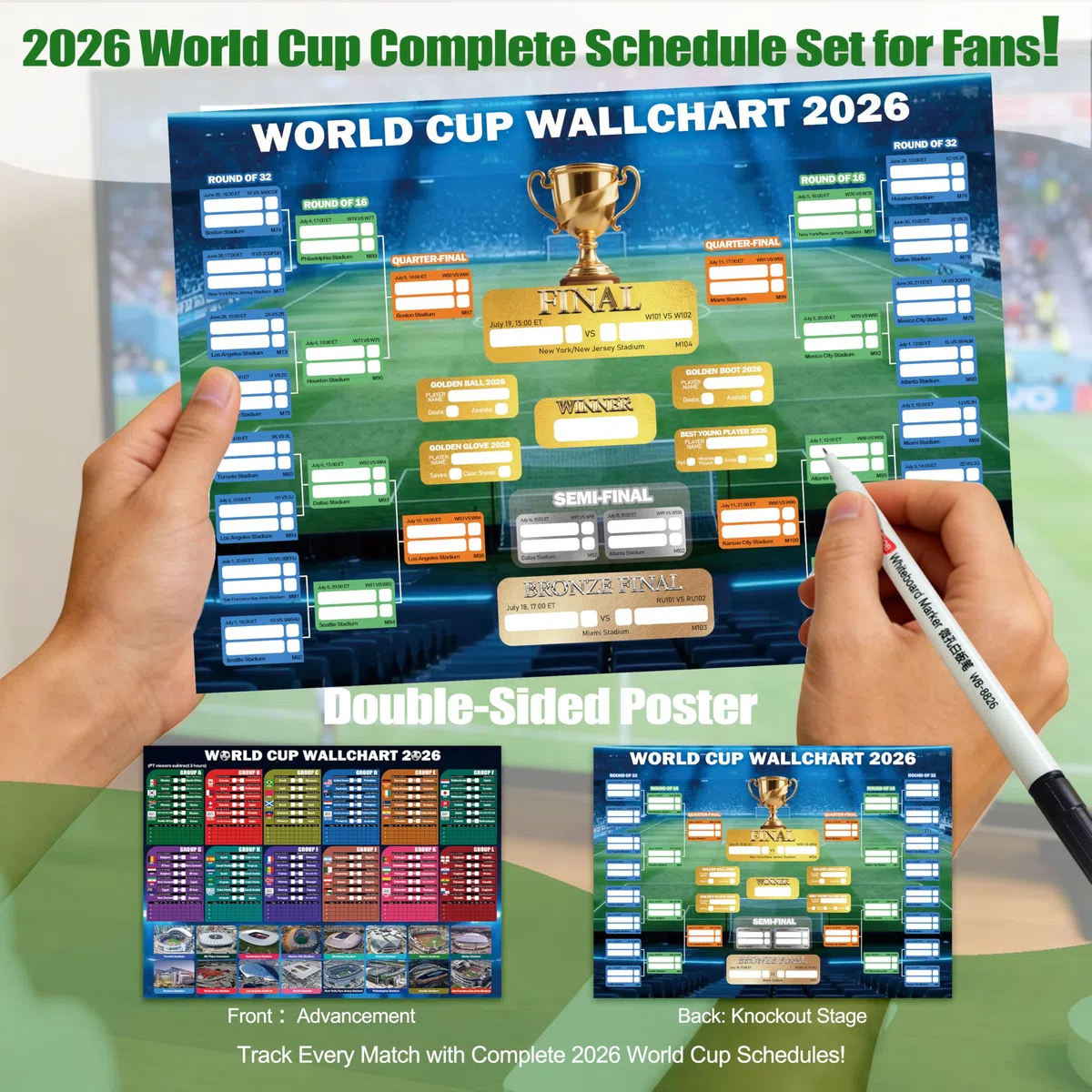 Set per tifosi della Coppa del Mondo 2026, include 10 kit per tifosi nazionali con fascia per la testa, 2 bastoncini di tuono, bandiera, braccialetto, borsa con coulisse, poster cancellabile a secco e
