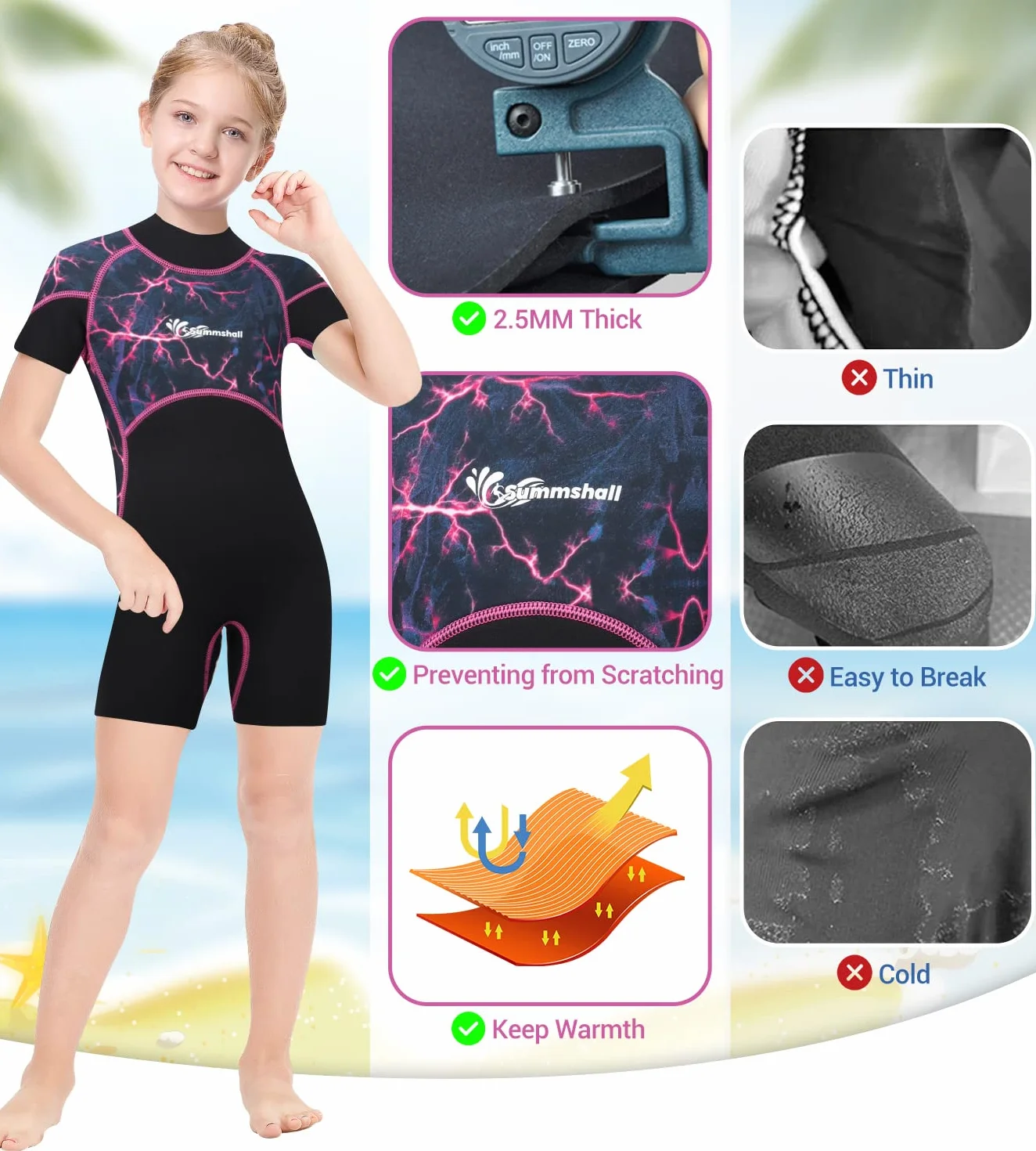 Muta Bambino per Bambina Ragazze 2.5mm Neoprene Shorty Muta Termica Protezione UV Stampa mimetica Muta da Sub per Surf Diving Snorkeling Nuotare sport acquatici