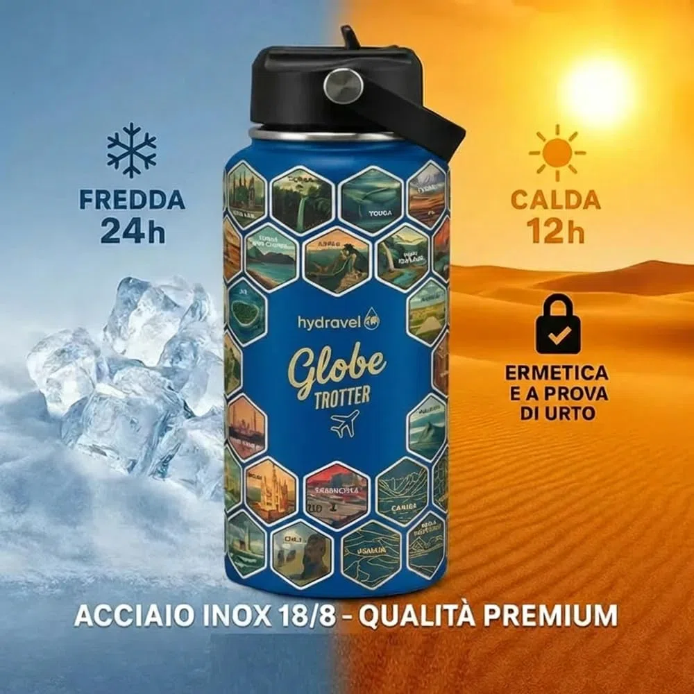 Borraccia Termica GLOBE TROTTER con 50 Adesivi dei Posti più BELLI del Mondo - Ottima Idea Regalo per Viaggiatori - 1 LT, Acciaio Inox, bevande Calde per 12h/Fredde 24h (Blu)