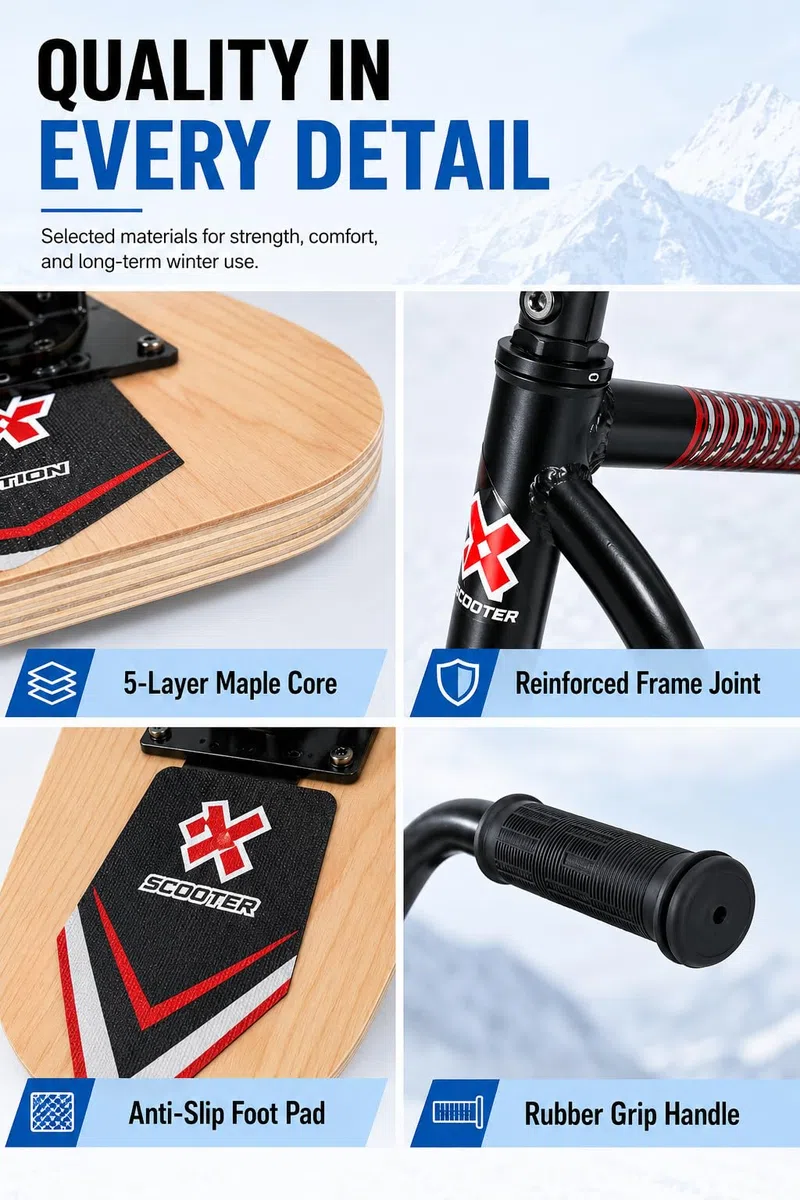 Monopattino Da Neve Adulti E Adolescenti, Struttura In Acciaio Rinforzato Doppio Sled Da Snowboard, Capacità 150 Kg, Sci In Legno Spesso Resistente Divertirsi Su Neve E Ghiaccio Naturalwoodcolor