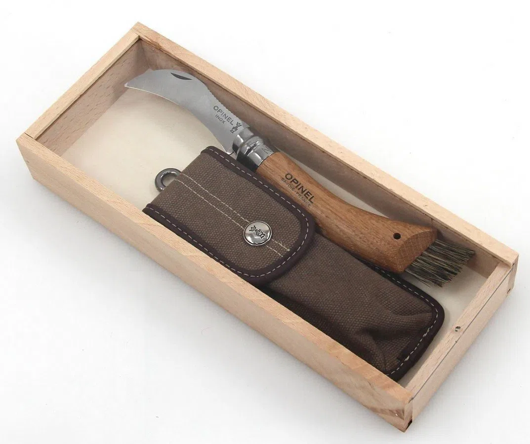 Opinel 254148 - Coltello per Funghi, Acciaio Inox, Legno di Quercia, Custodia in Pelle, Scatola in Legno