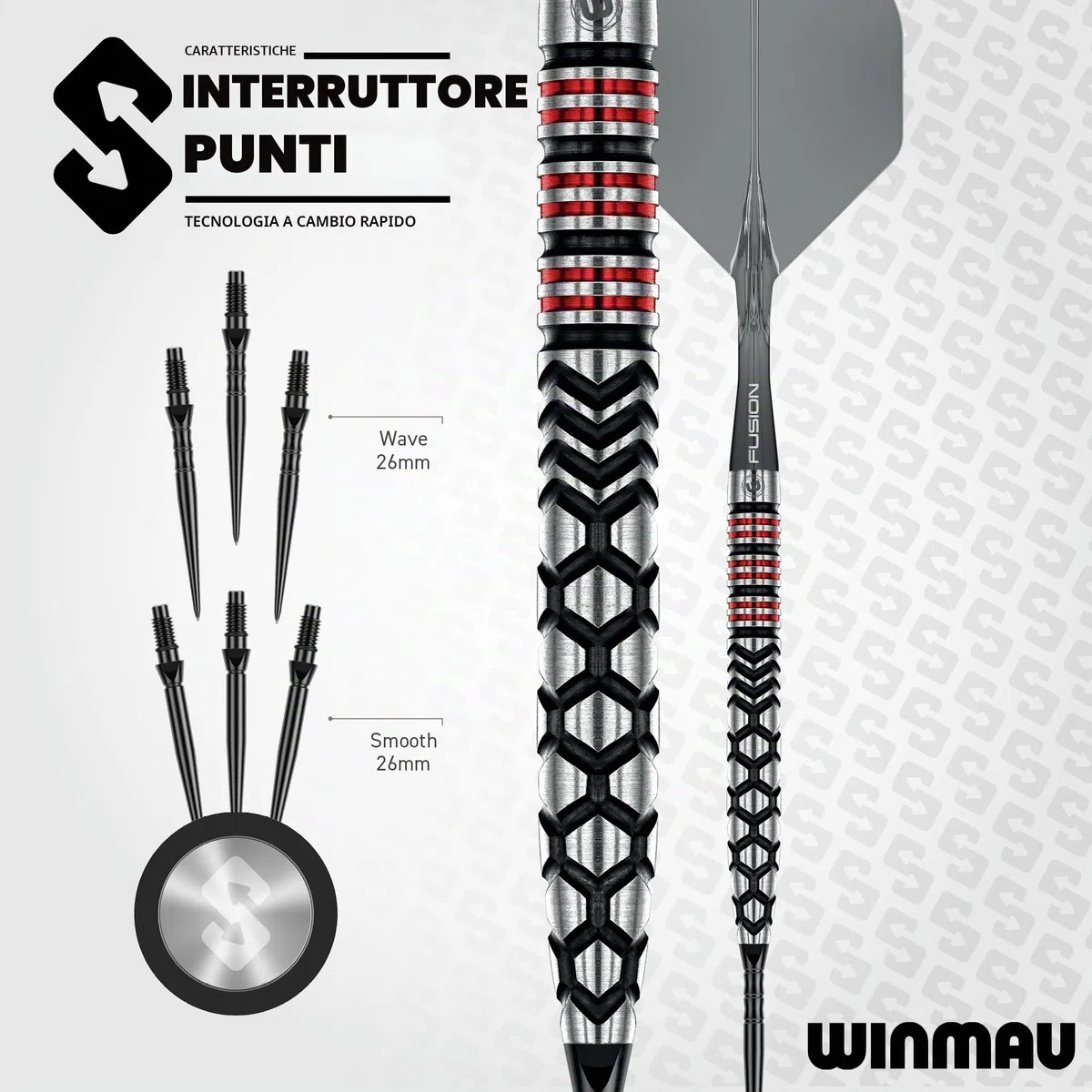 WINMAU Darts-Fornax – Set di freccette professionali al 90% in tungsteno, tecnologia Switch Point, fusti paralleli neri e rossi, 2 punti intercambiabili (onda e liscia), sistema di cambio rapido |