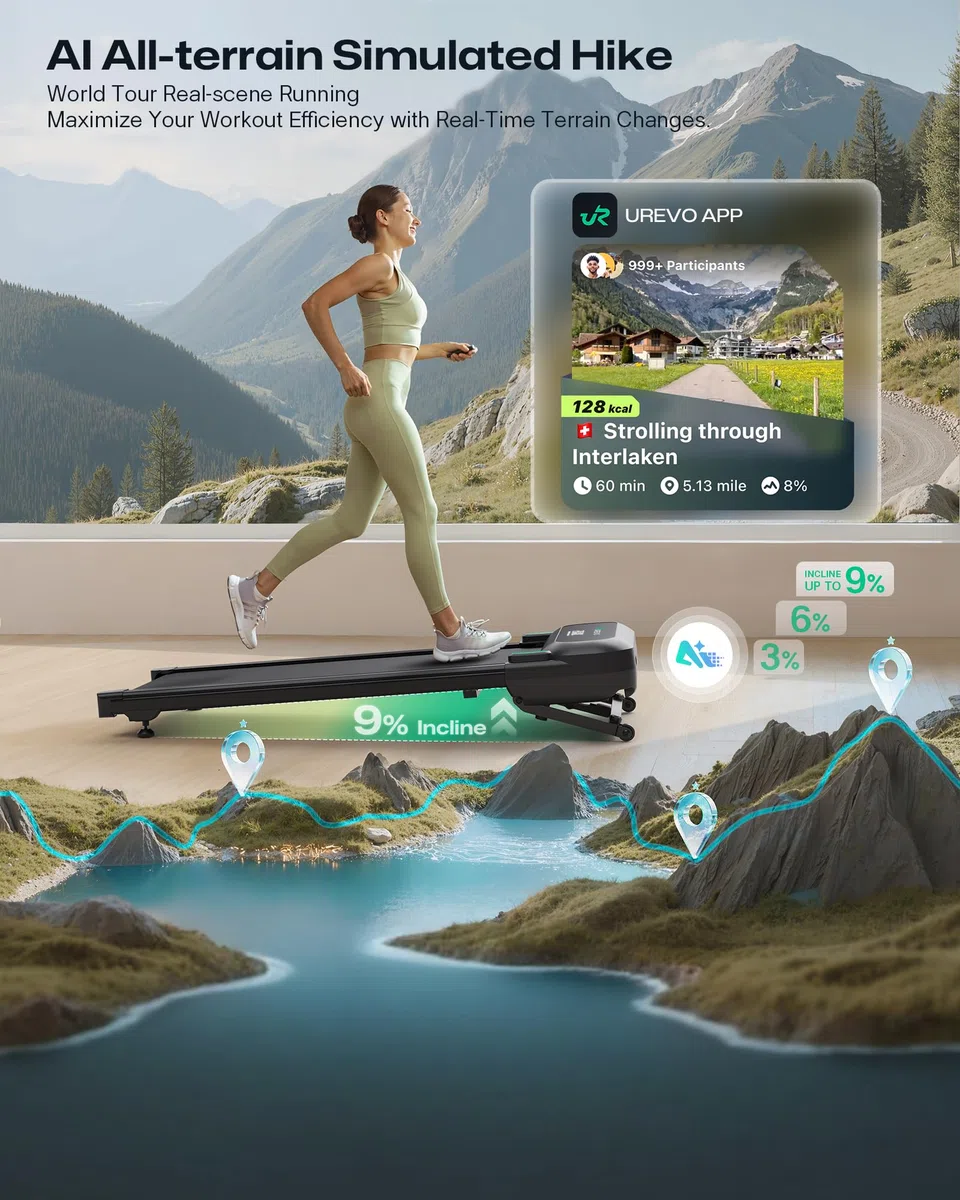 UREVO Tapis Roulant Elettrico 9% Inclinazione Automatica, 3 in 1 AI Intelligente Walking pad, 35 db Silenzioso Tapis Roulant da scrivania con Telecomando e LED per Casa e Ufficio, Capacità 136 kg