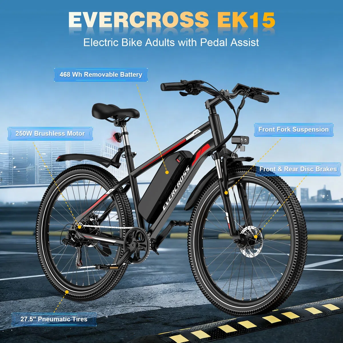 EVERCROSS EK15 Bicicletta Elettrica per Adulti, E-bike 27,5'' con Pedalata - APP, Motore 250W, Batteria 36V 13Ah, 15/20/25 km/h, Cambio a 7 Velocità, Bici Elettrica Urbane Montagna per Unisex