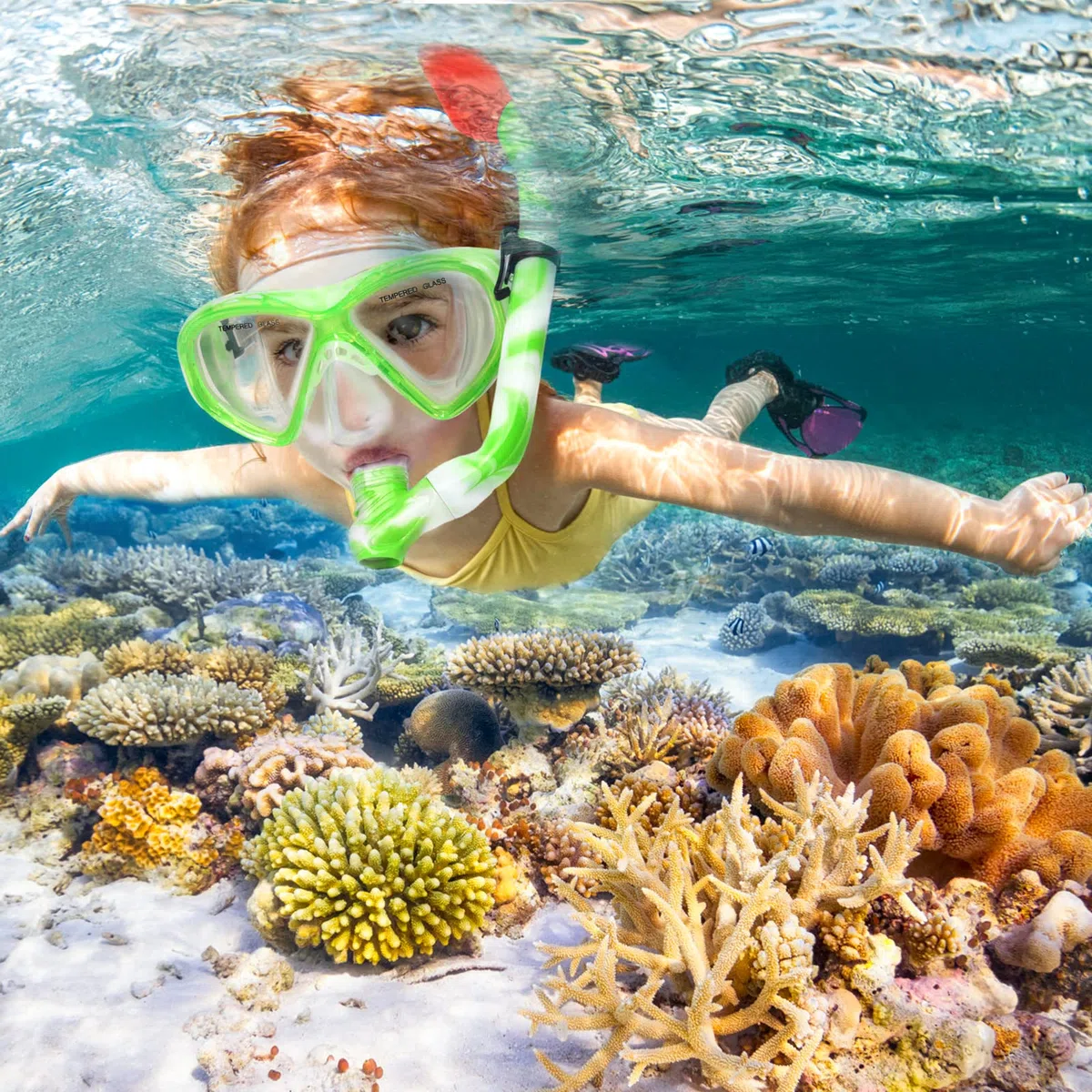 Set di 2 attrezzature per snorkeling per bambini dai 6 ai 14 anni, maschera da snorkeling per ragazzi e ragazze junior occhiali da immersione in vetro temperato