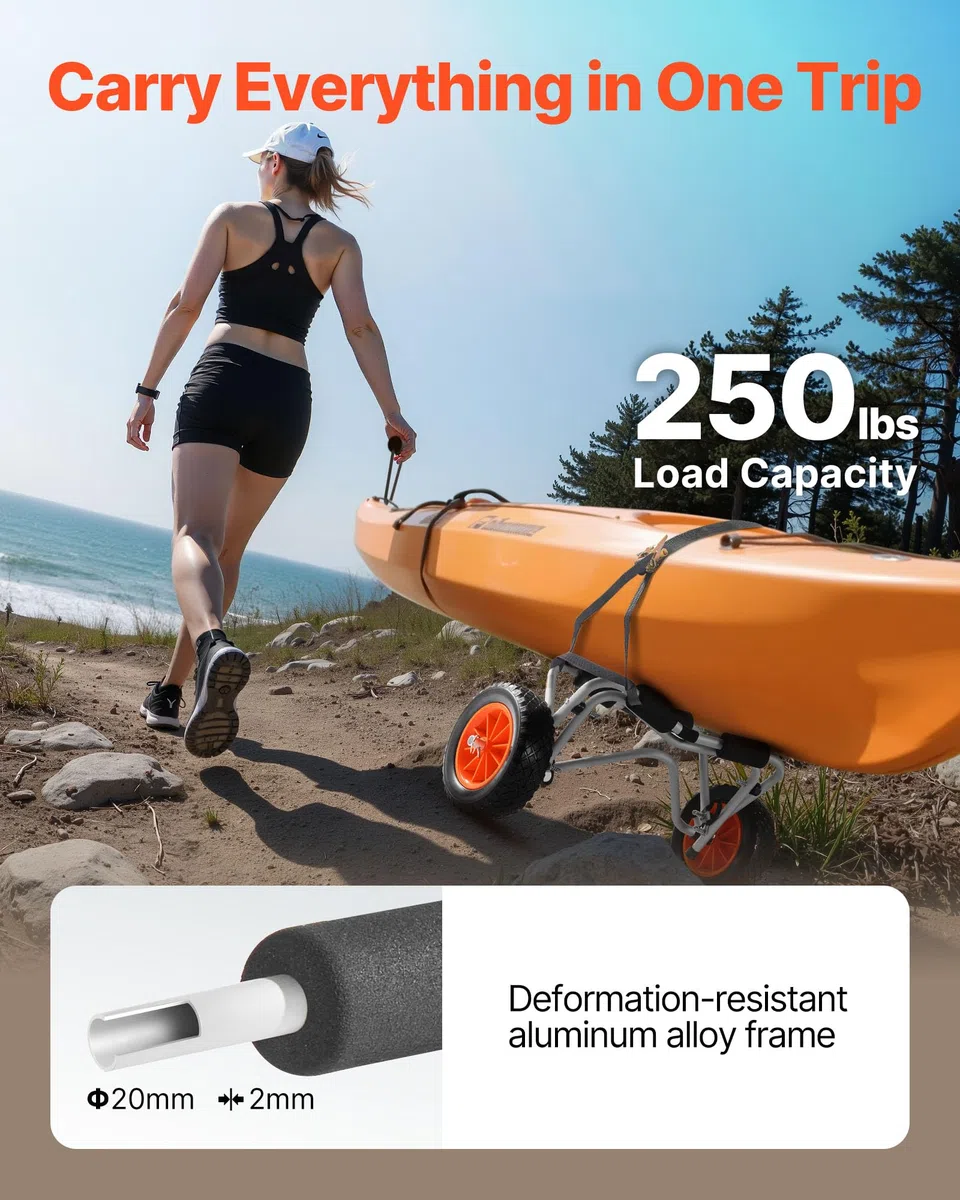 VEVOR Carrello Pieghevole per Kayak, capacità 113,4 kg, con Pneumatici in PU Piena da 400 mm e 1 Cinghia a Cricchetto, Carrello per Paddle Board per Il Trasporto di Kayak, Canoe, Paddleboard