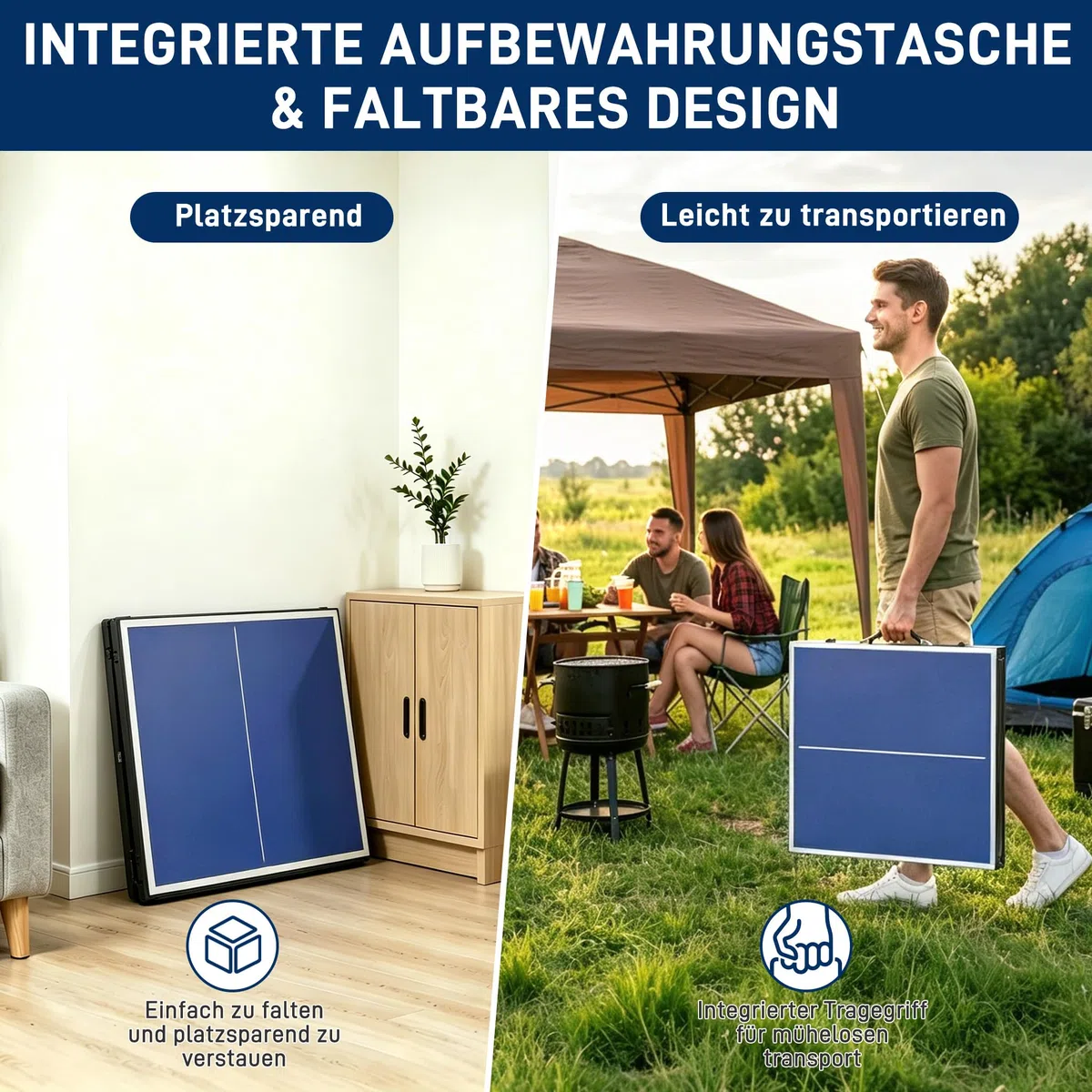 LILIIN Mini tavolo da ping pong pieghevole, design a valigetta, per interni ed esterni, pannello in MDF con rete, 2 racchette e 5 palline, borsa per il trasporto integrata, nero/blu, 152,5 x 76 cm