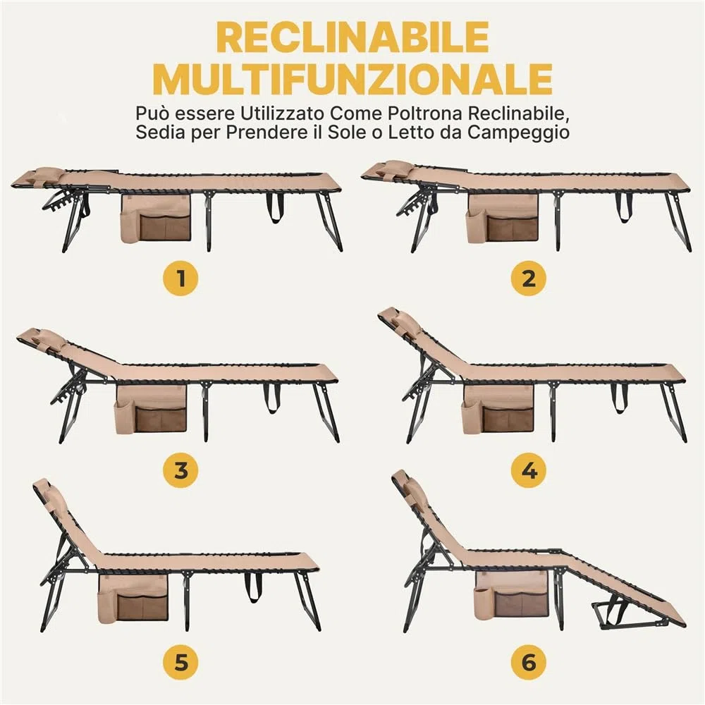 Yaheetech Lettino Sdraio Pieghevole Regolabile in 5 Posizioni per Esterno Giardino Spiaggia Campeggio con Poggiatesta e Tasca, 189 x 57 x 34 cm, Colore Beige