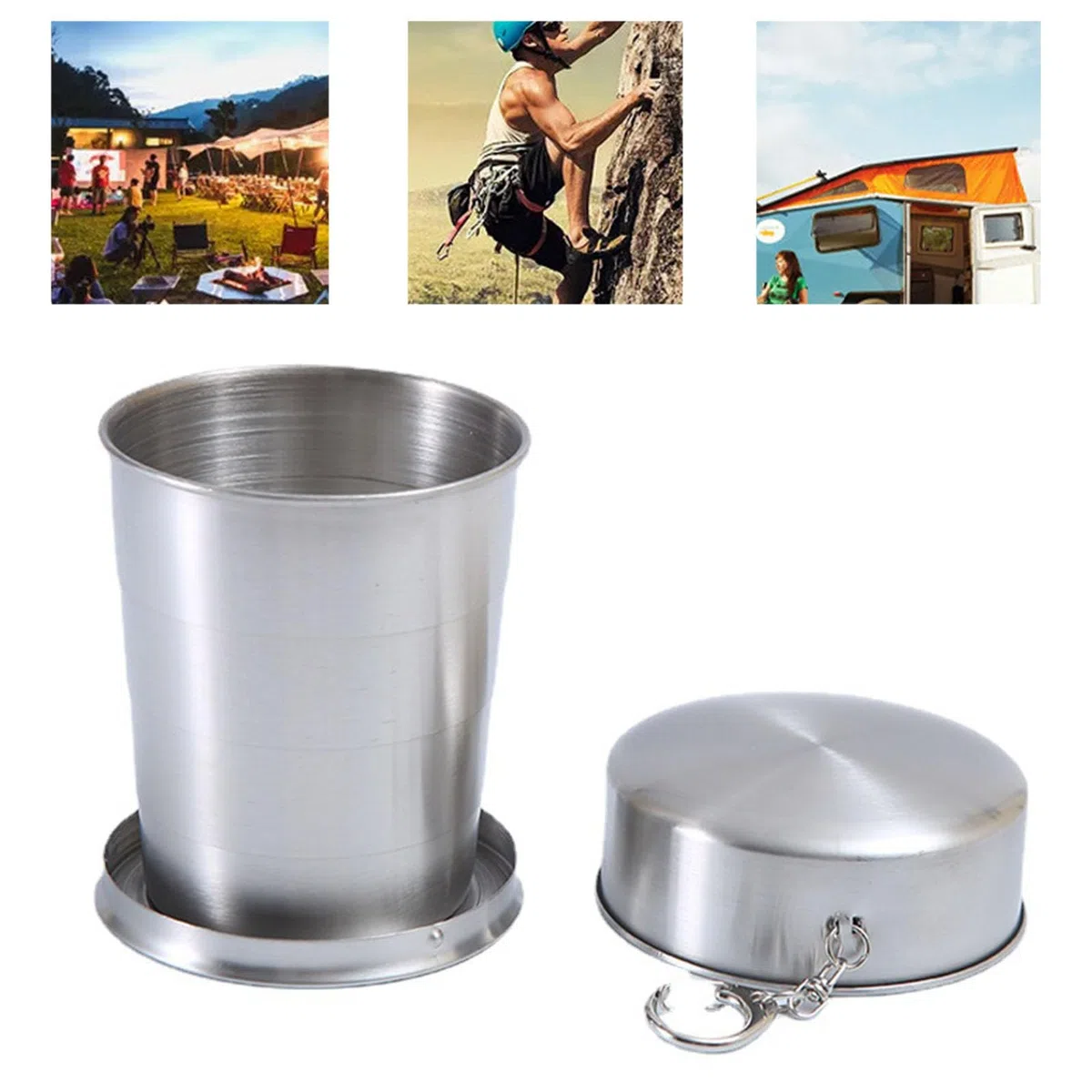 AMONIDA Tazza Pieghevole Pieghevole in Acciaio Inossidabile da 2,95 | Contenitore per L'acqua, Metallo Riutilizzabile, Resistente Al Calore, Coperchio e Portachiavi, Campeggio, Escursionismo,