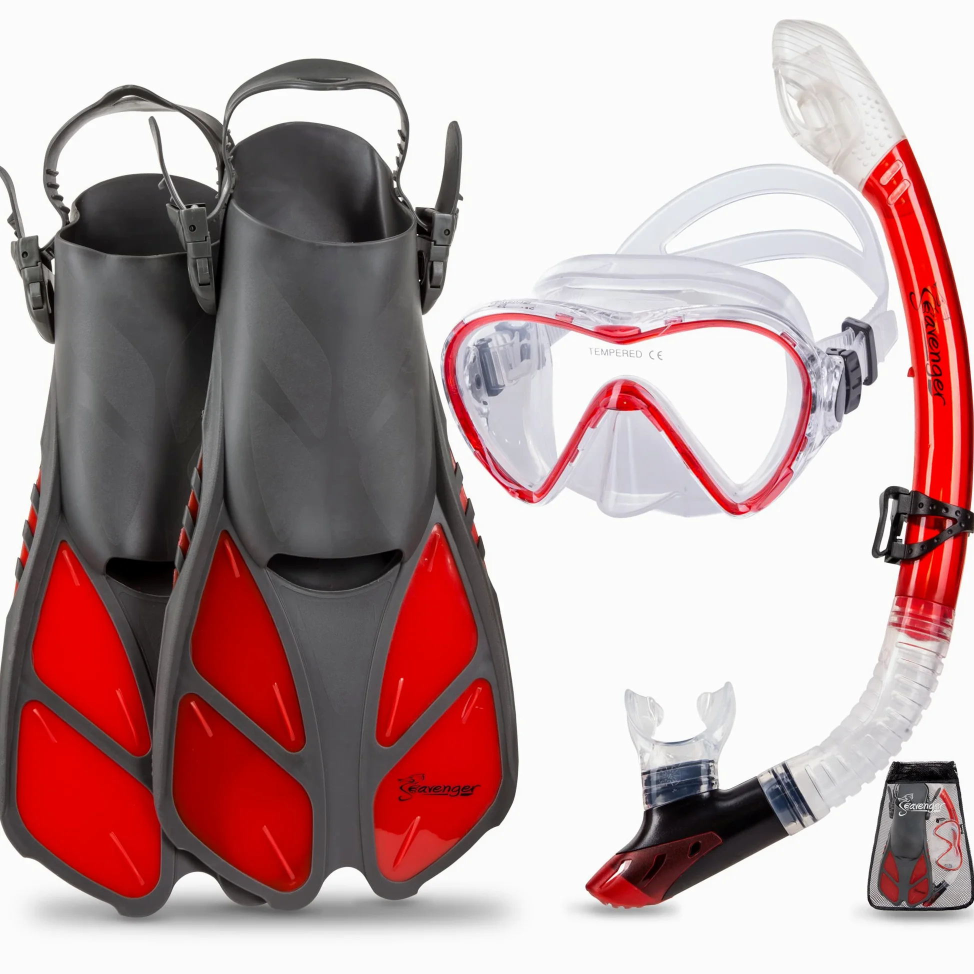 Seavenger Diving Dry Top - Set da snorkeling con pinna Trek, maschera a lente singola e borsa per il cambio, XS/XXS - Taglia 1 a 4 o bambini 10-13, grigio/rosso trasparente