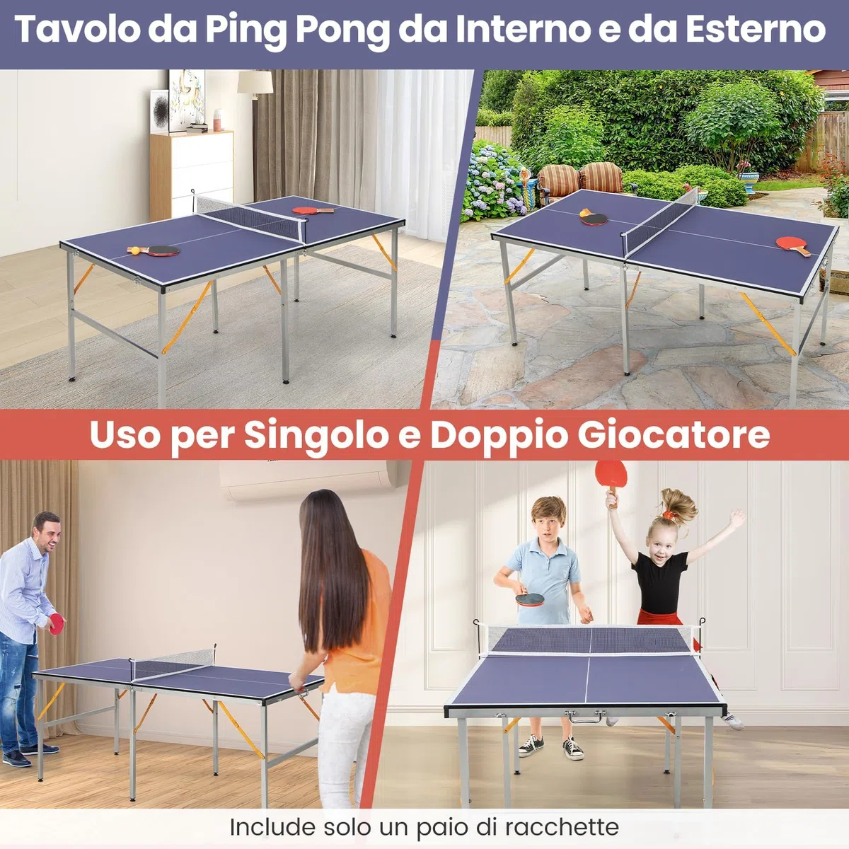 GYMAX Set Tavolo da Ping Pong Completo, Gioco da Ping Pong Pieghevole con Rete, 2 Racchette, 3 Palline, Maniglia Portatile, Tavolo da Ping Pong da Interni ed Esterni, Blu