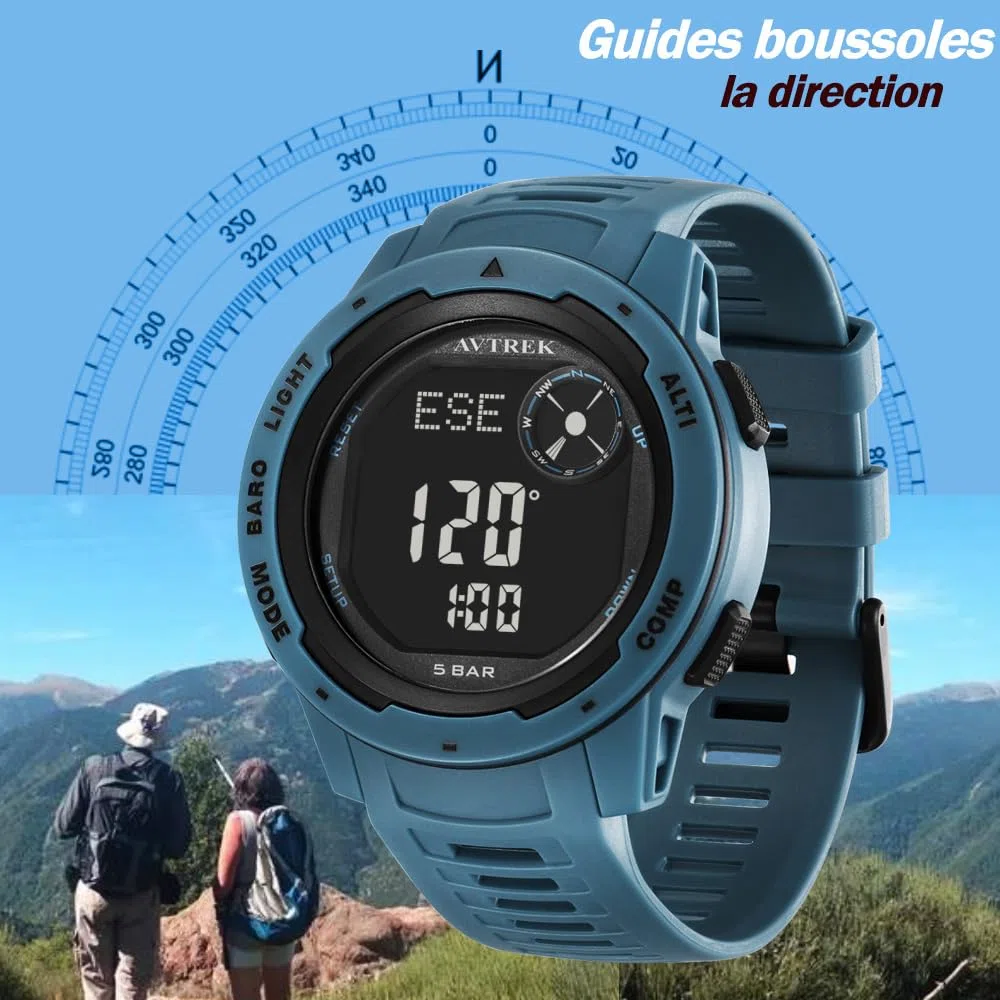 AVTREK Orologio sportivo digitale per adolescenti con altimetro e barometro, orologio da esterno, orologio sportivo impermeabile per esercito e militari (nero)
